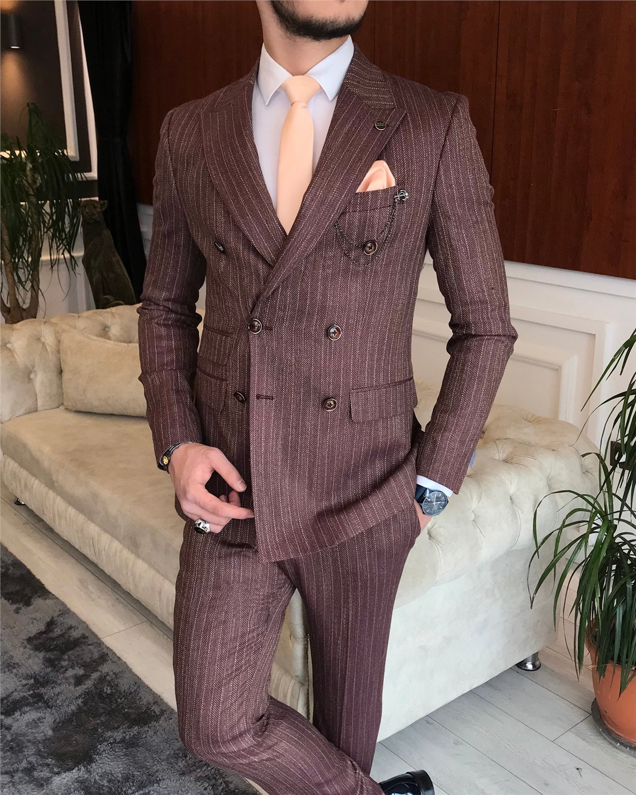 İtalyan stil slim fit kruvaze ceket pantolon takım elbise bordo T6485