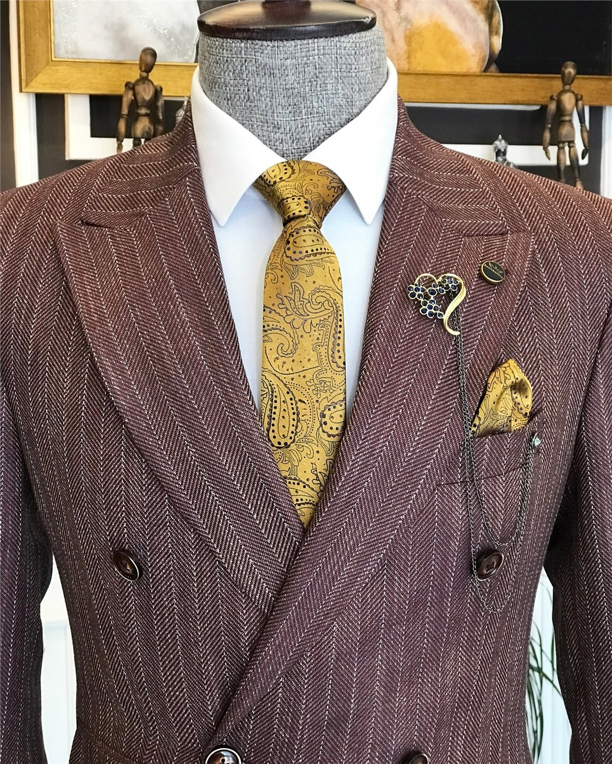 İtalyan stil slim fit kruvaze ceket pantolon takım elbise bordo T6485