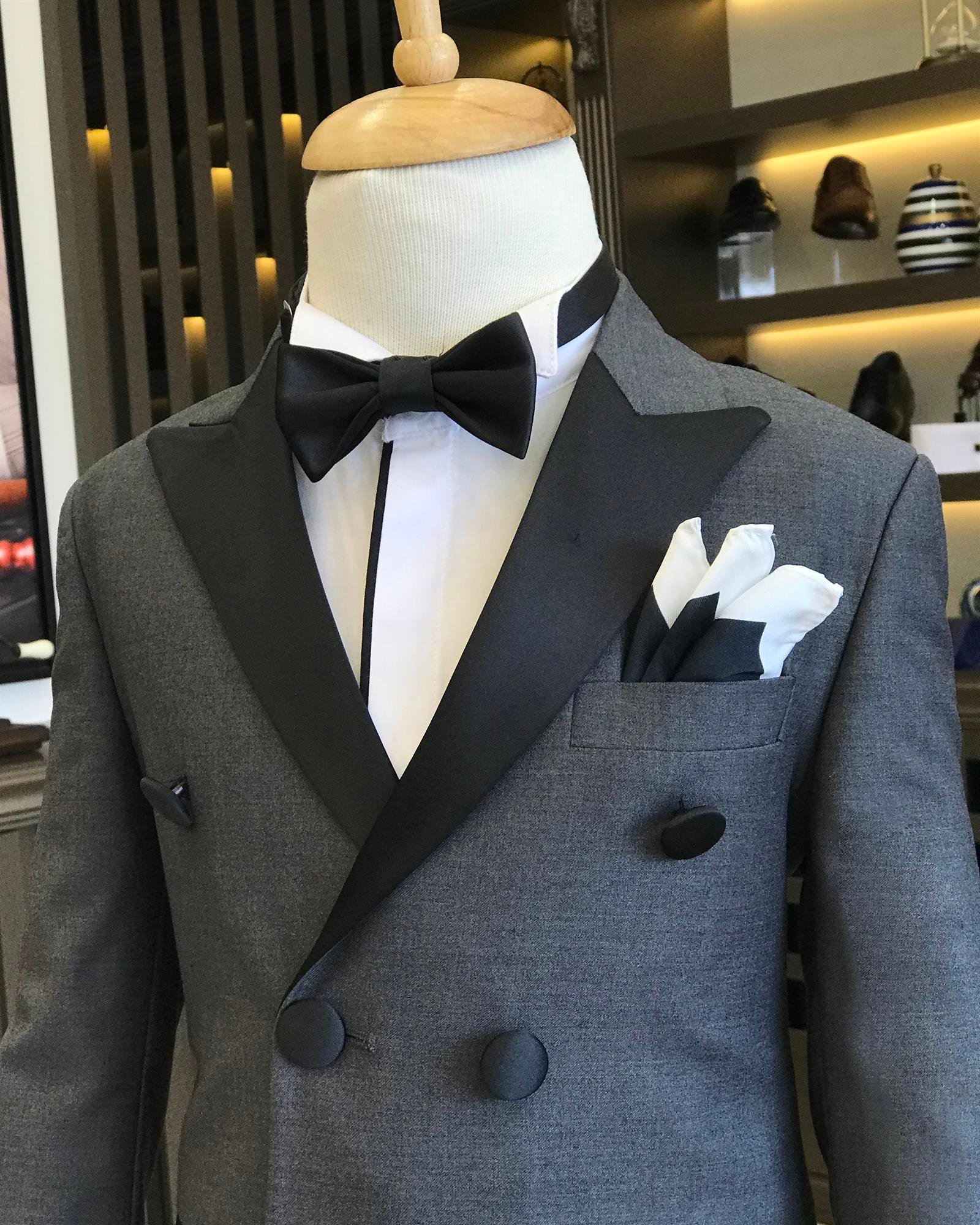 İtalyan stil slim fit kruvaze ceket pantolon çocuk smokin set antrasit T8828