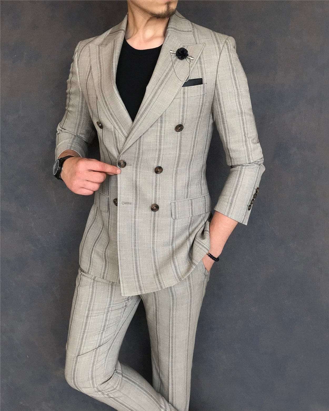 İtalyan stil slim fit kruvaze ceket pantolon takım elbise açık kahverengi T6081