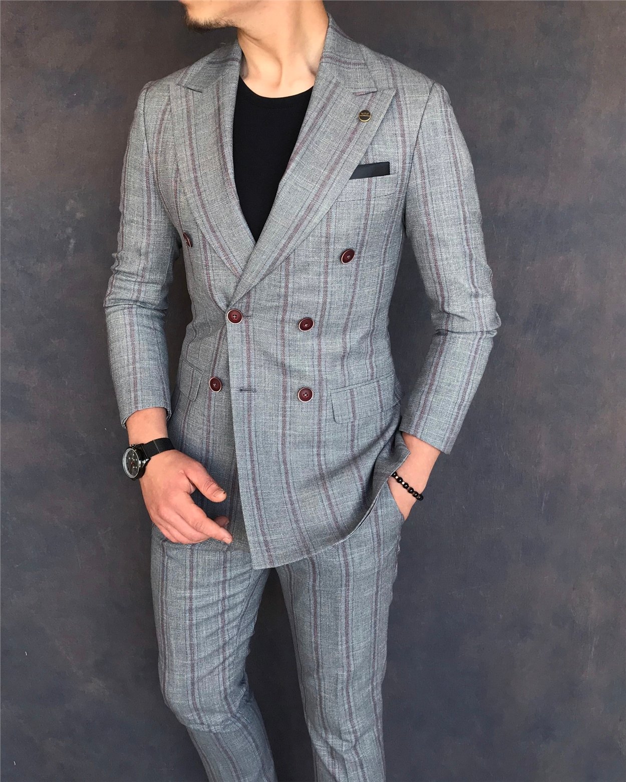 İtalyan stil slim fit kruvaze ceket pantolon takım elbise gri T6082