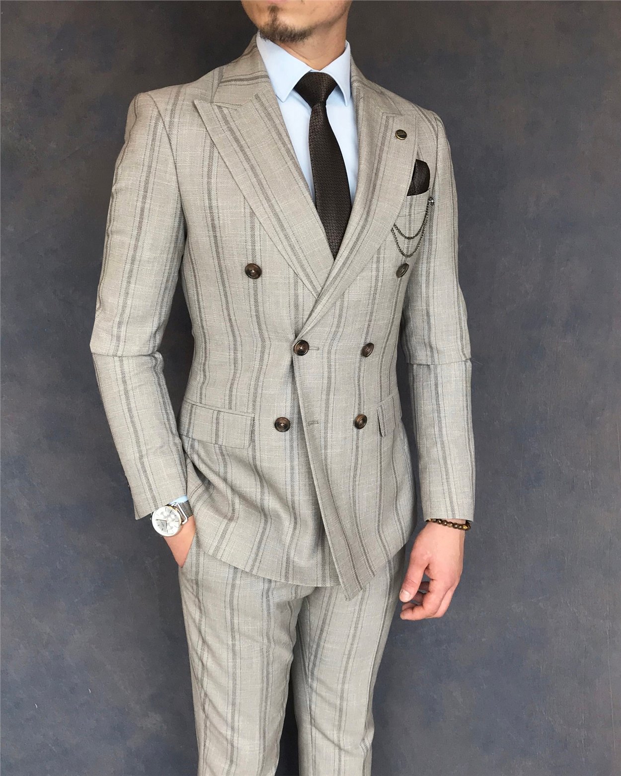 İtalyan stil slim fit kruvaze ceket pantolon takım elbise açık kahverengi T6081