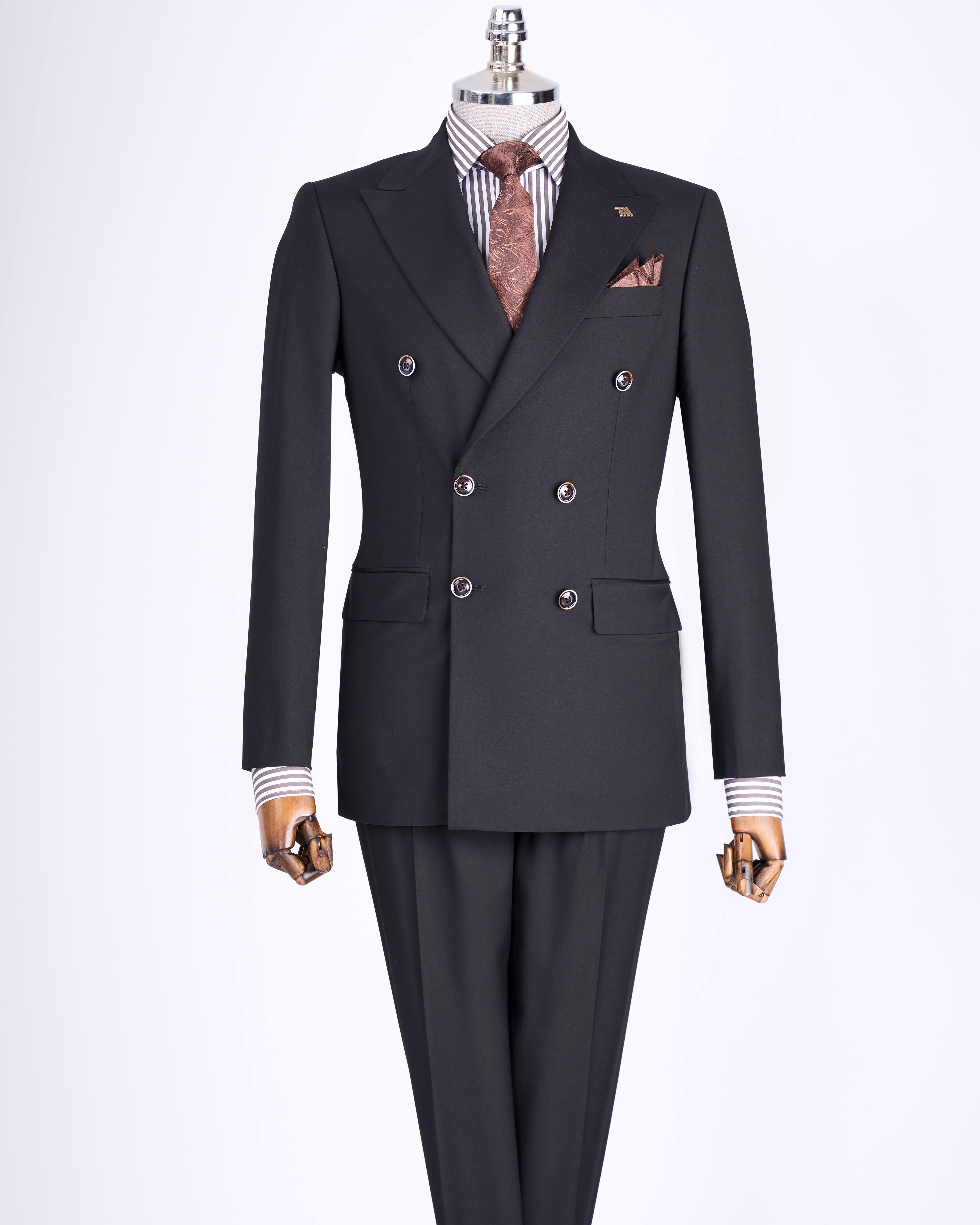 İtalyan stil slim fit kruvaze ceket pantolon takım elbise Siyah T13524