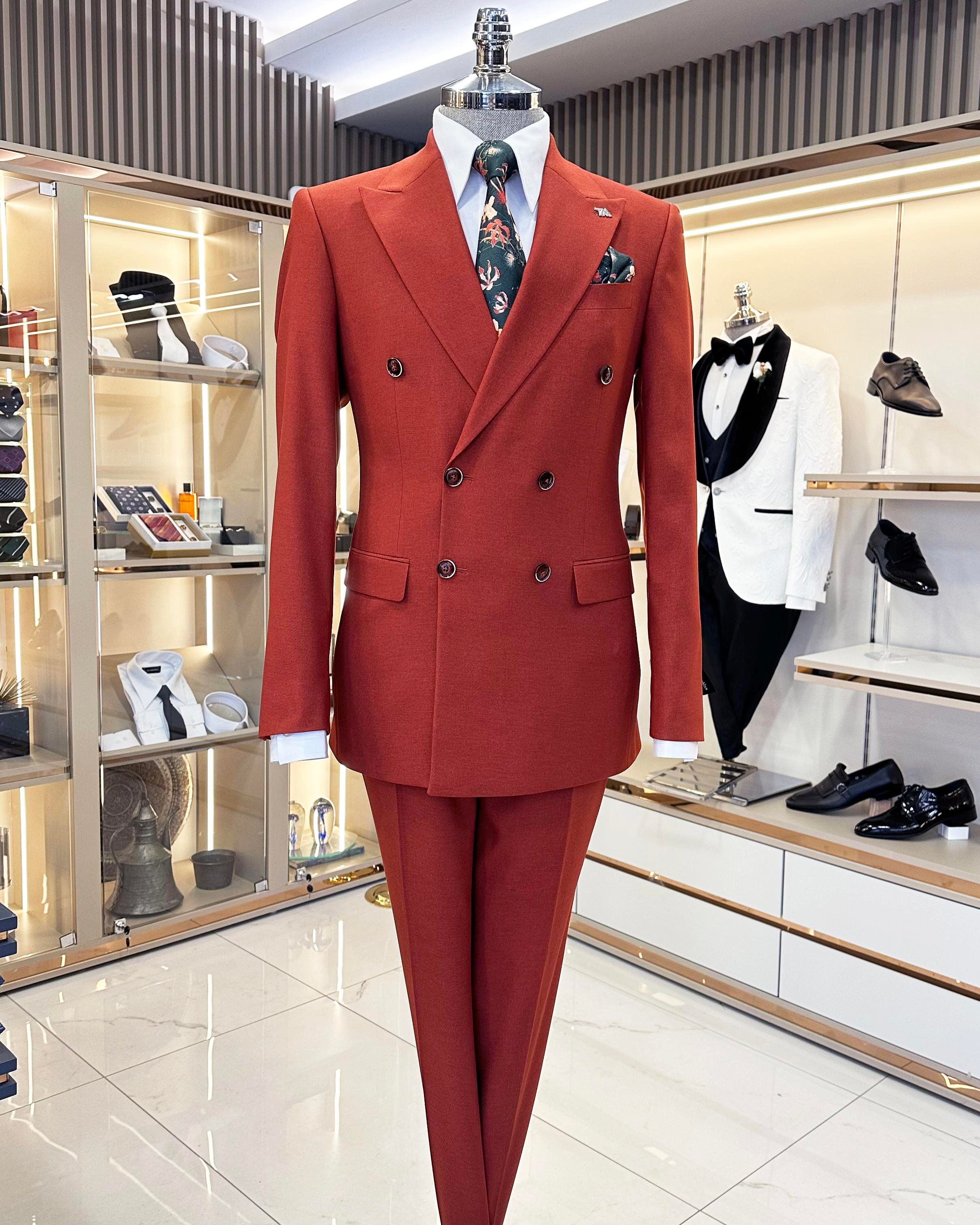 İtalyan stil slim fit kruvaze ceket pantolon takım elbise kırmızı T11363