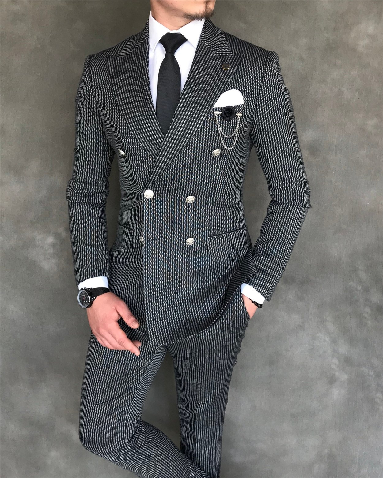İtalyan stil slim fit kruvaze ceket pantolon takım elbise siyah T6084
