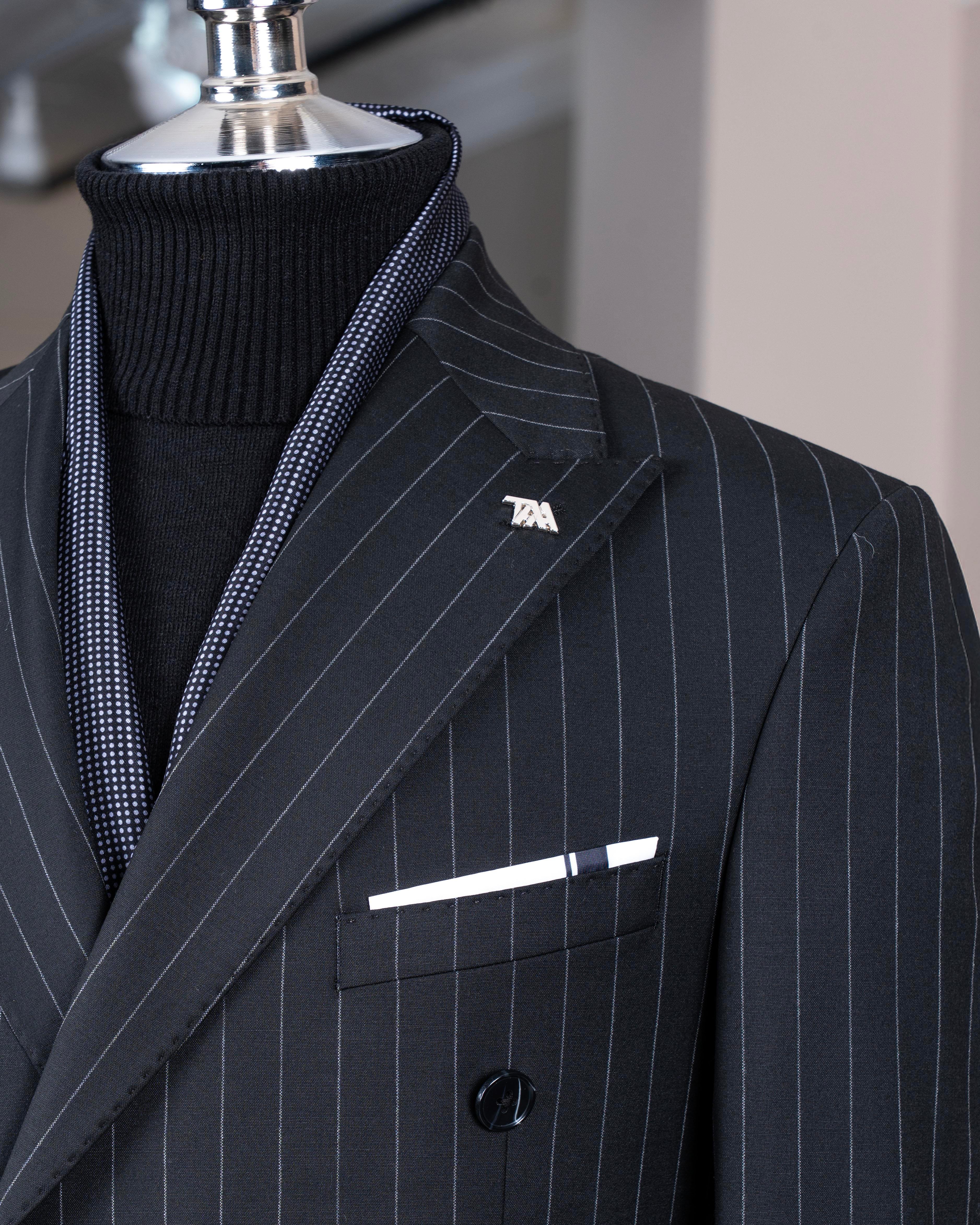 İtalyan stil kruvaze yün karışımlı ceket pantolon takım elbise siyah T14323