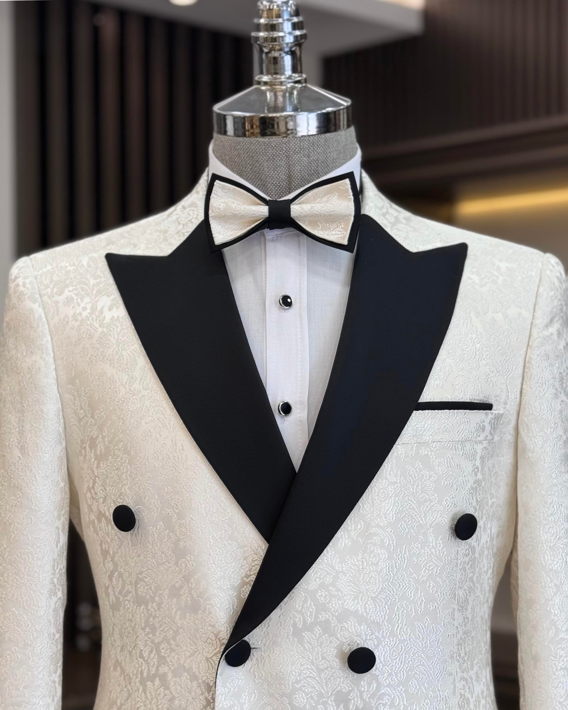İtalyan stil slim fit kruvaze ceket pantolon damatlık set beyaz T11634