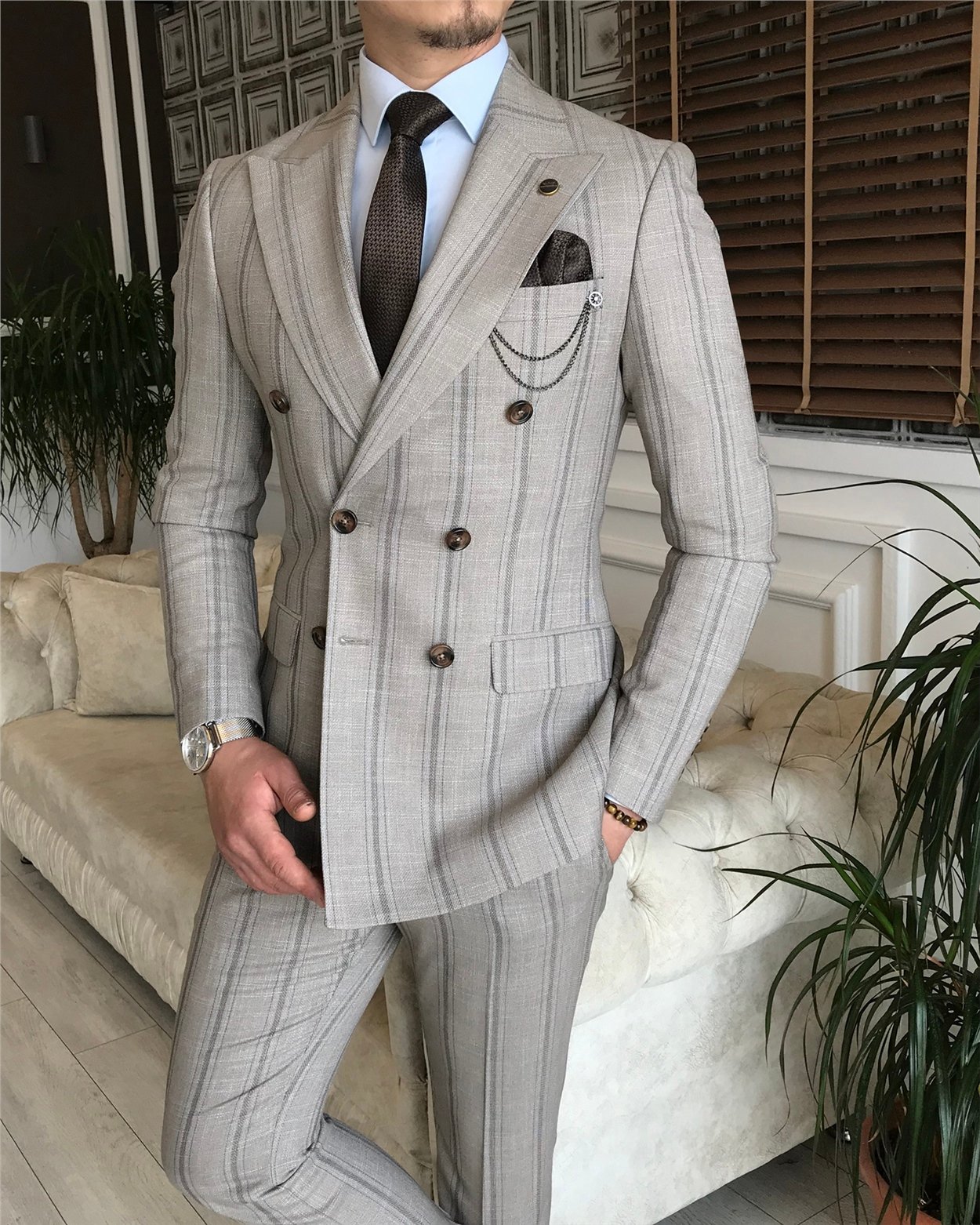 İtalyan stil slim fit kruvaze ceket pantolon takım elbise açık kahverengi T6081