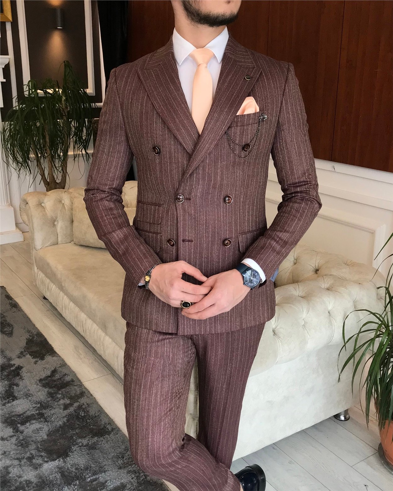 İtalyan stil slim fit kruvaze ceket pantolon takım elbise bordo T6485