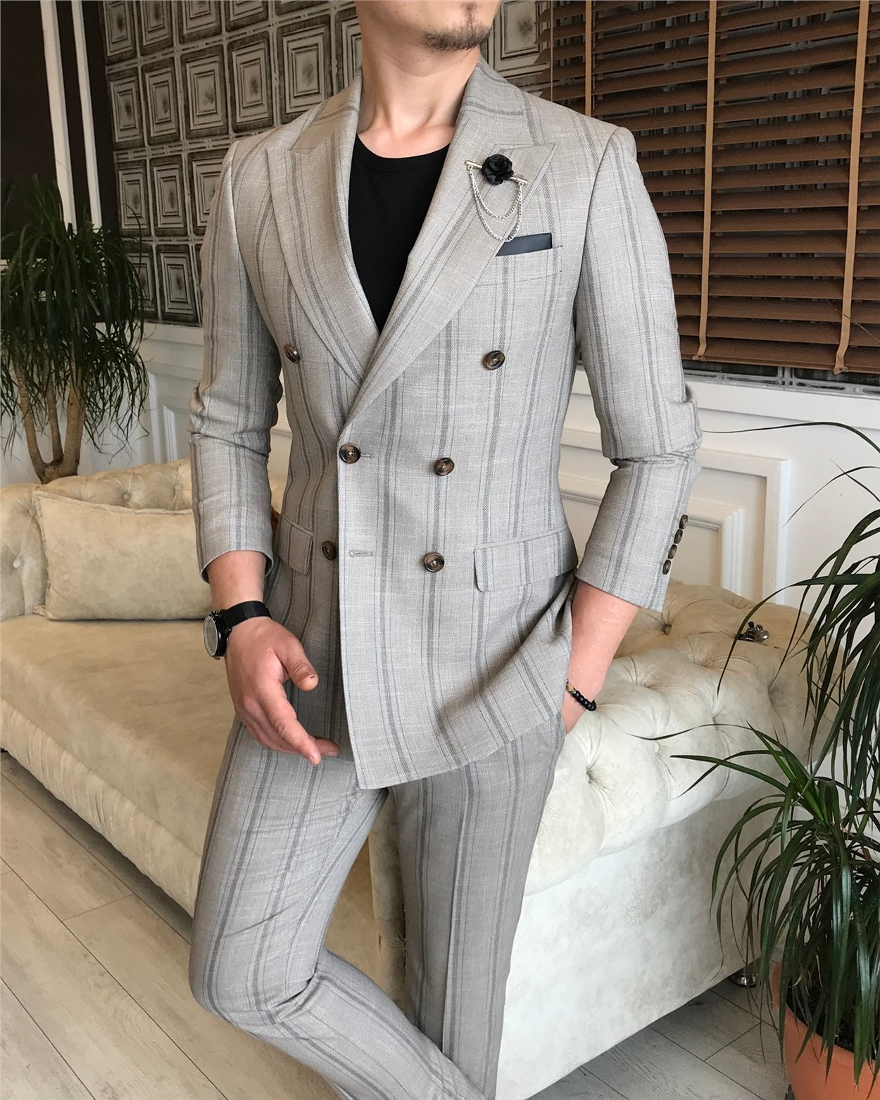 İtalyan stil slim fit kruvaze ceket pantolon takım elbise açık kahverengi T6081