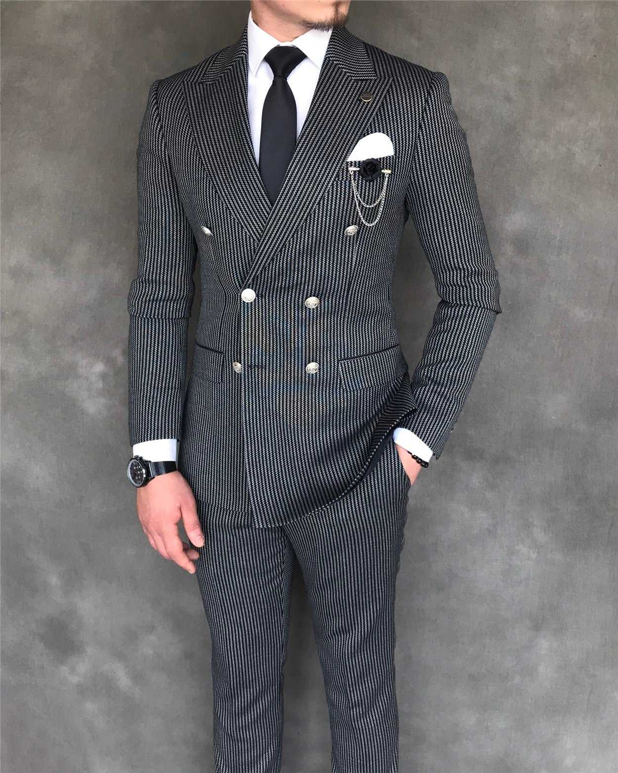 İtalyan stil slim fit kruvaze ceket pantolon takım elbise siyah T6084