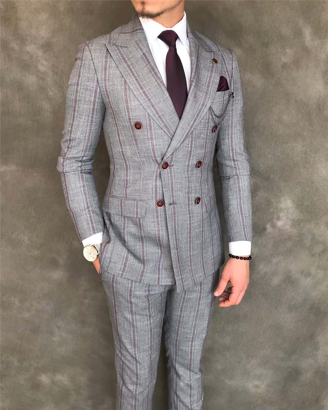 İtalyan stil slim fit kruvaze ceket pantolon takım elbise gri T6082