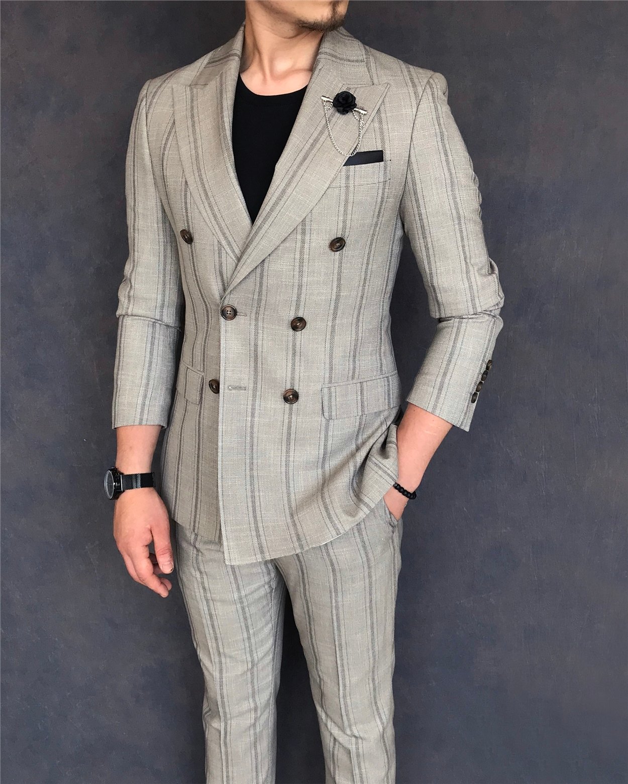 İtalyan stil slim fit kruvaze ceket pantolon takım elbise açık kahverengi T6081