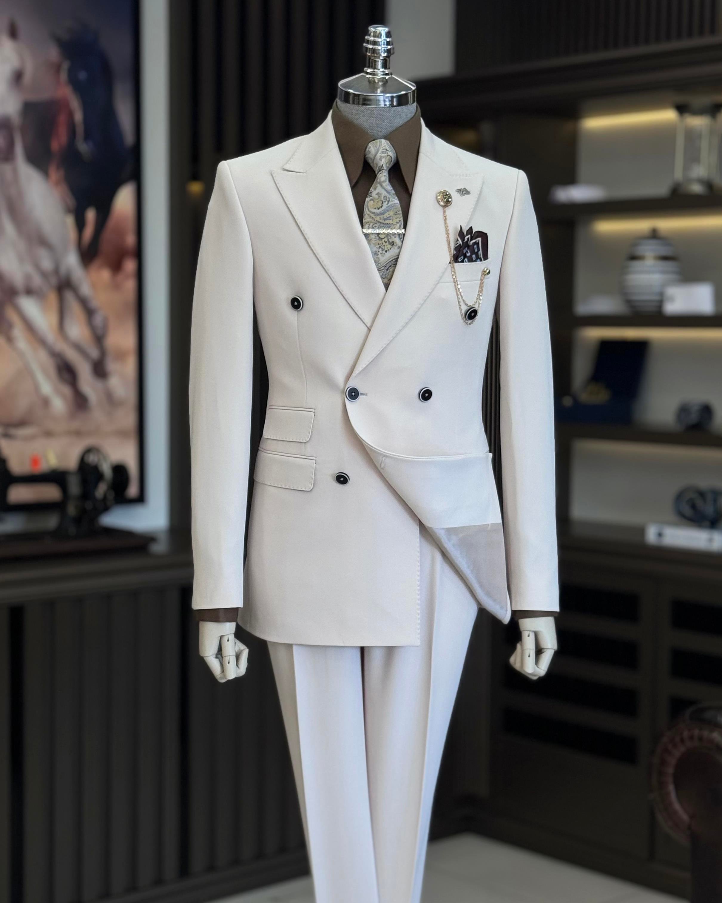 İtalyan stil slim fit kruvaze ceket pantolon takım elbise bej T10274