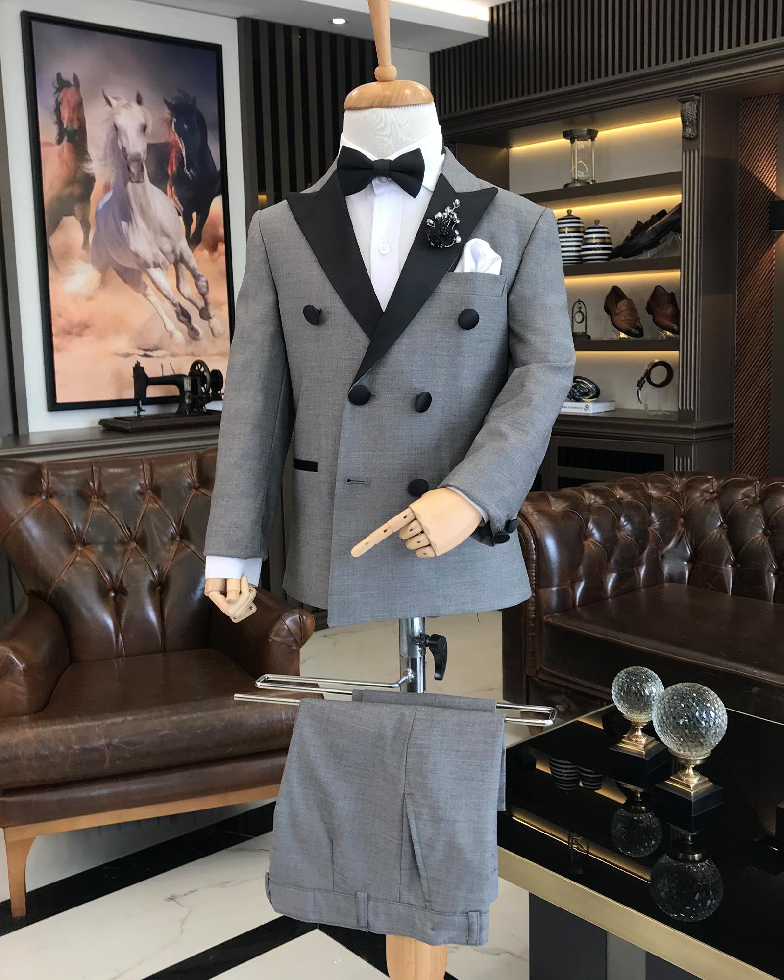 İtalyan stil slim fit kruvaze ceket pantolon çocuk smokin set Gri T8834