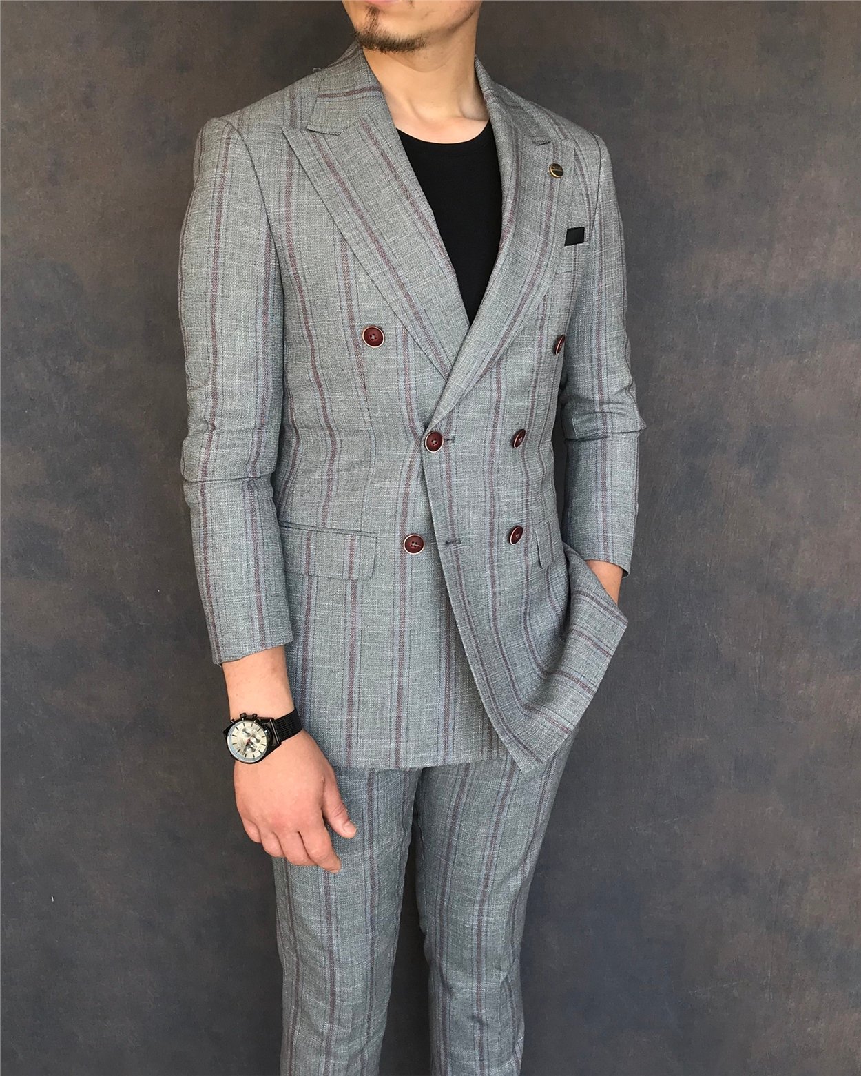 İtalyan stil slim fit kruvaze ceket pantolon takım elbise gri T6082