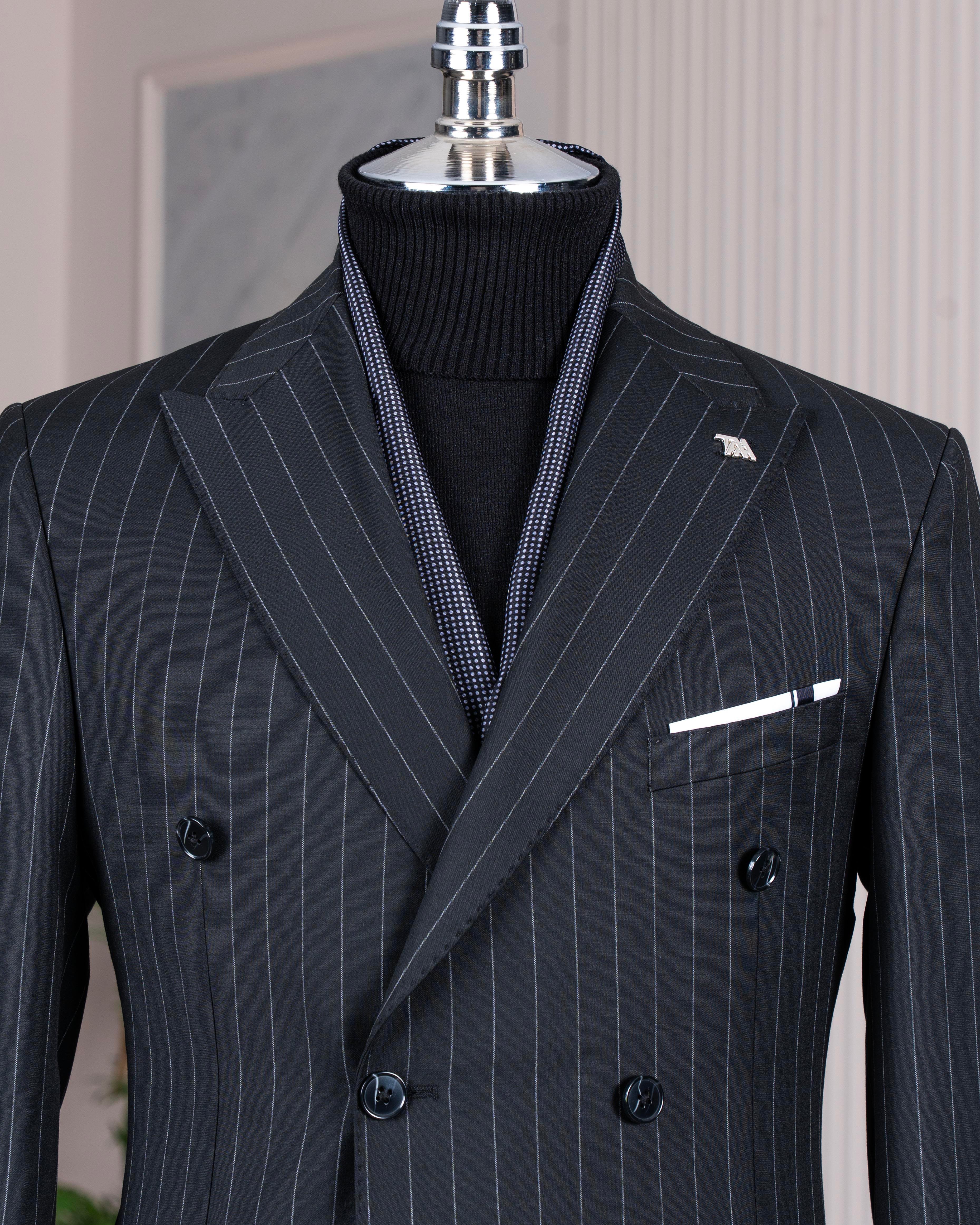 İtalyan stil kruvaze yün karışımlı ceket pantolon takım elbise siyah T14323