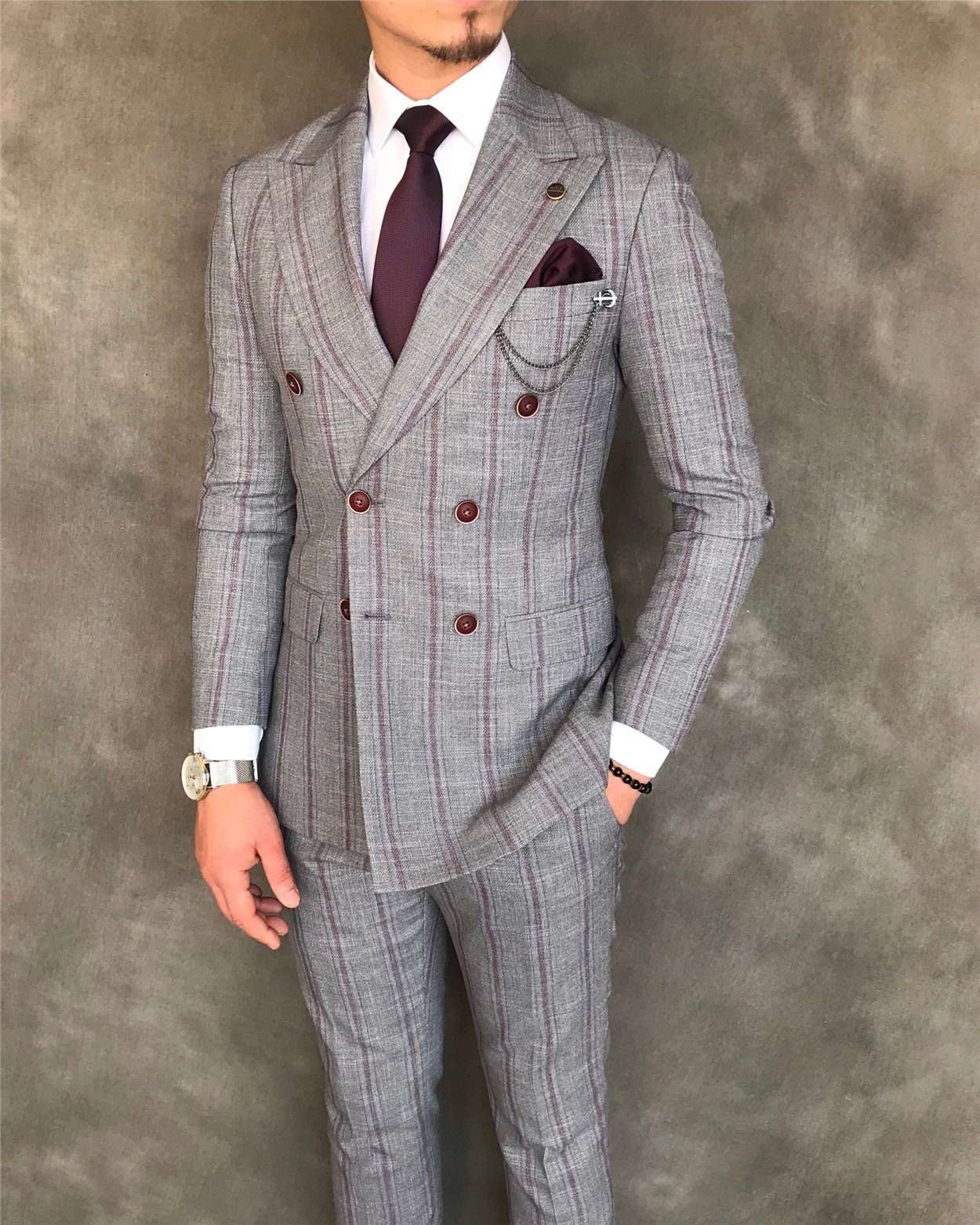 İtalyan stil slim fit kruvaze ceket pantolon takım elbise gri T6082