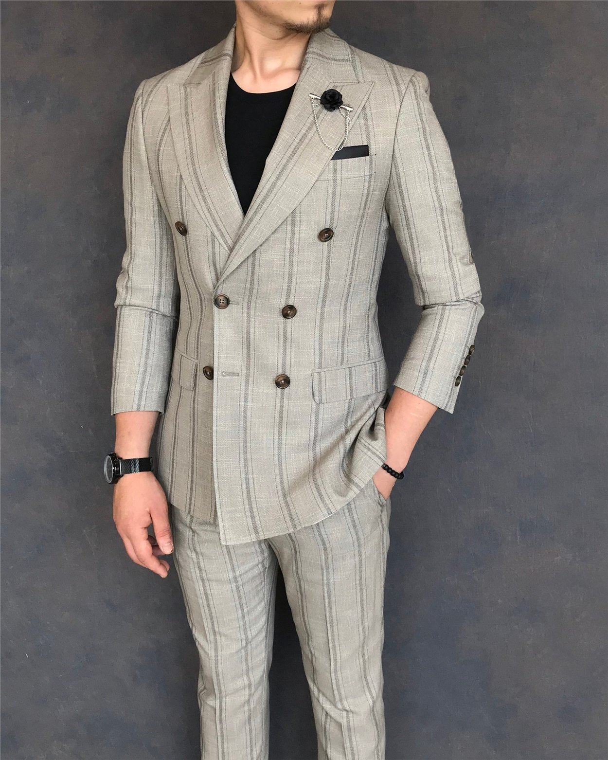 İtalyan stil slim fit kruvaze ceket pantolon takım elbise açık kahverengi T6081