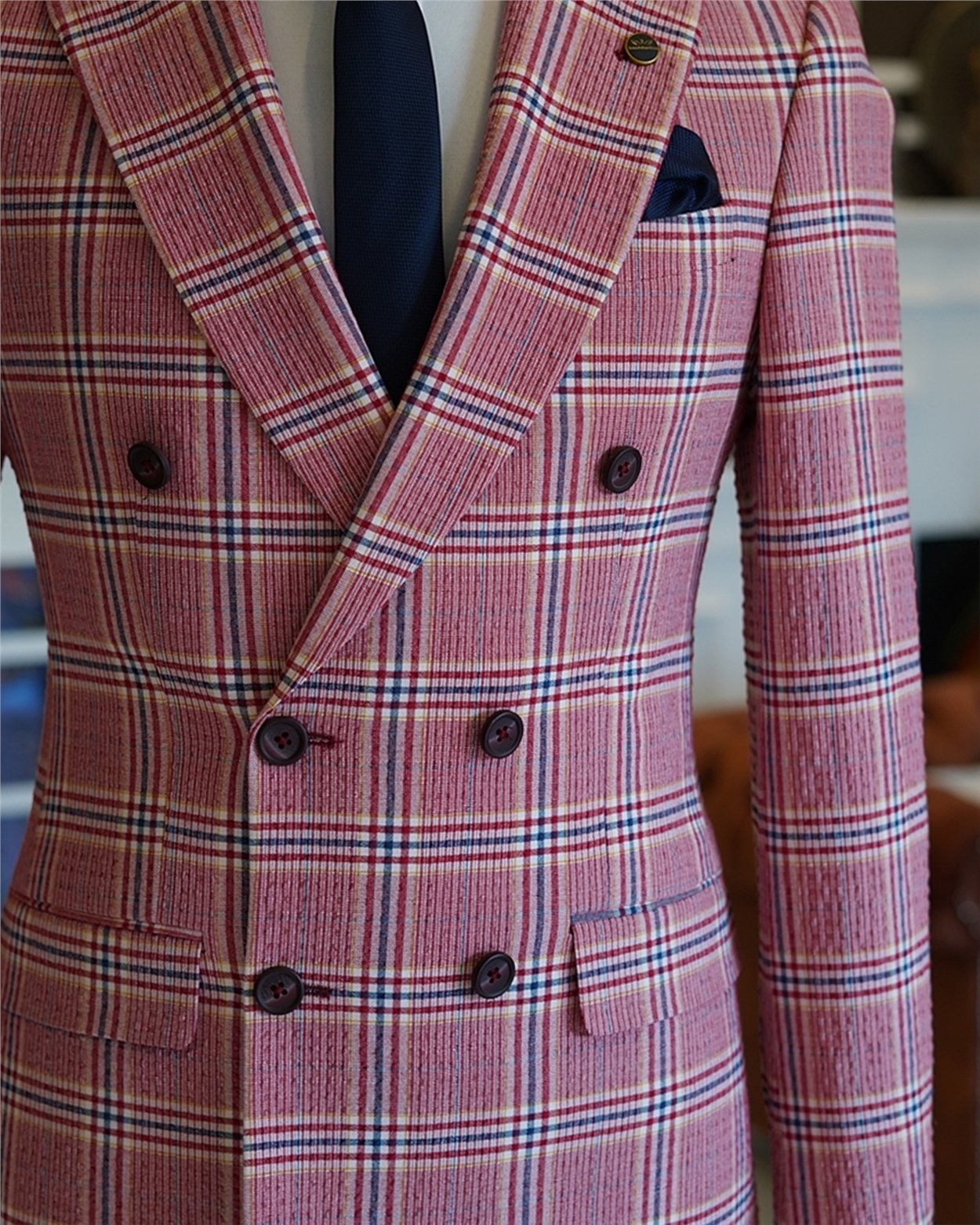 İtalyan stil slim fit kruvaze ekose blazer tek ceket Çok Renkli T5468