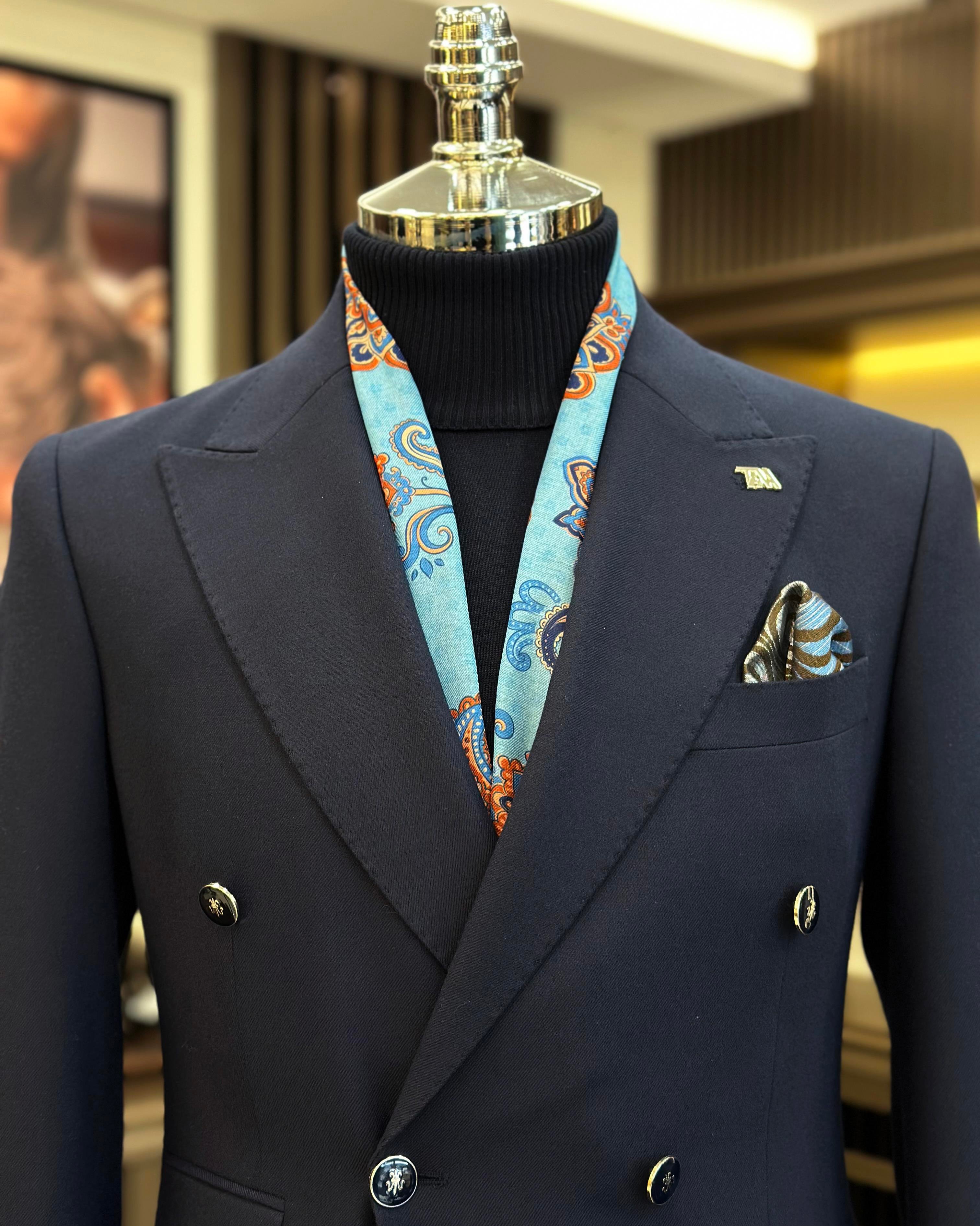  Italian style slim fit double-breasted men's jacket navy blue T10762