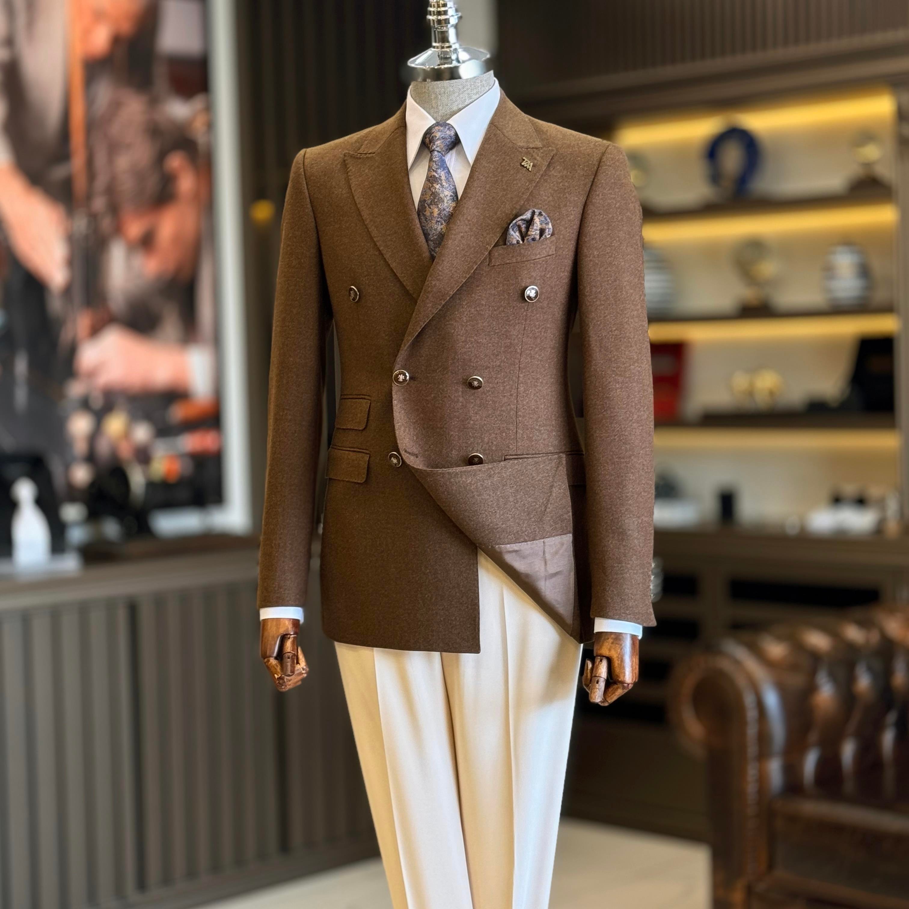 İtalyan stil slim fit kruvaze erkek ceket kahverengi T10742