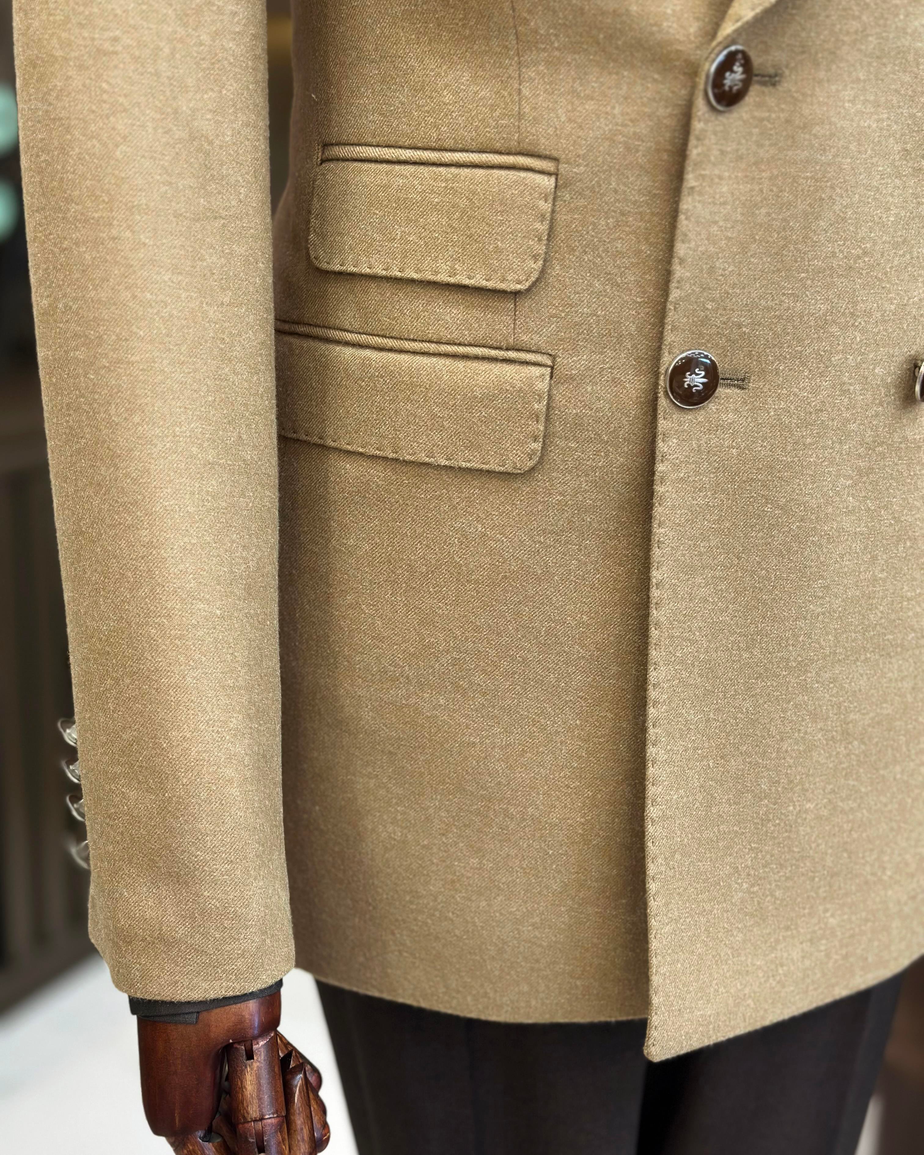 İtalyan stil slim fit kruvaze erkek ceket camel T10744