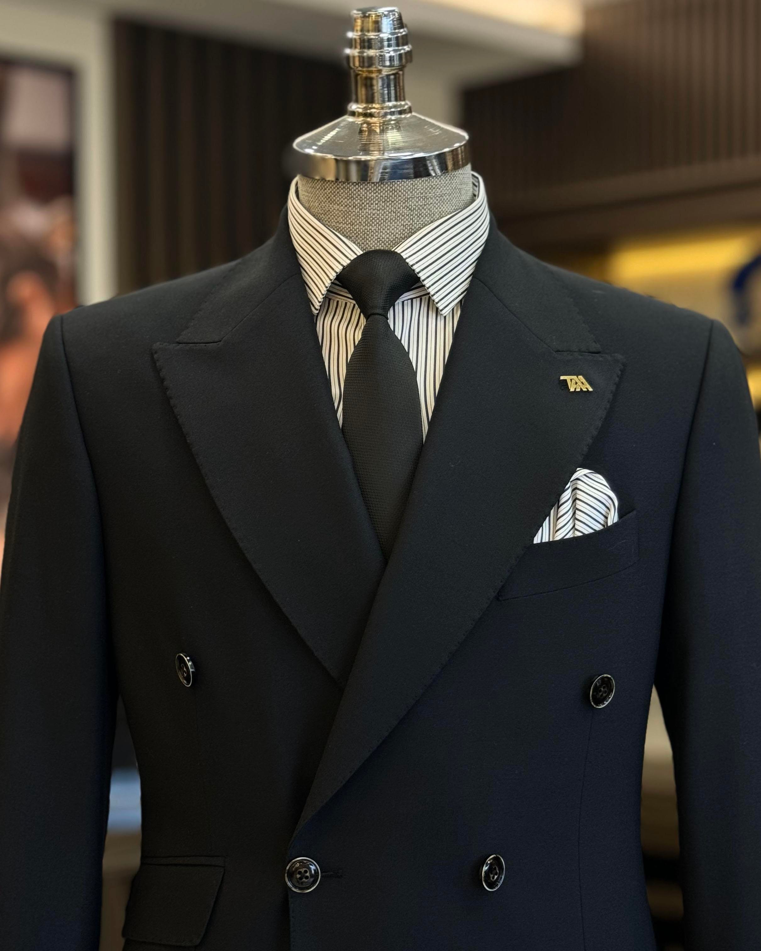 İtalyan stil slim fit kruvaze erkek ceket siyah T12235