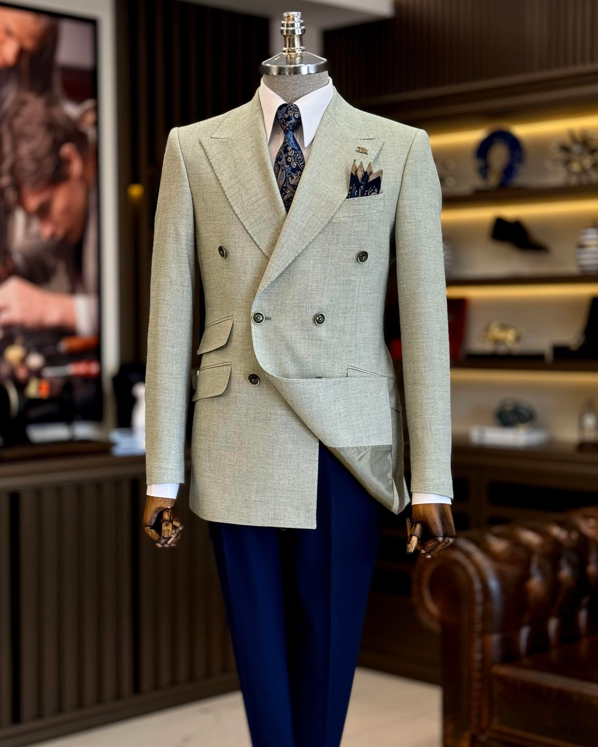 İtalyan stil slim fit kruvaze erkek ceket yeşil T12236