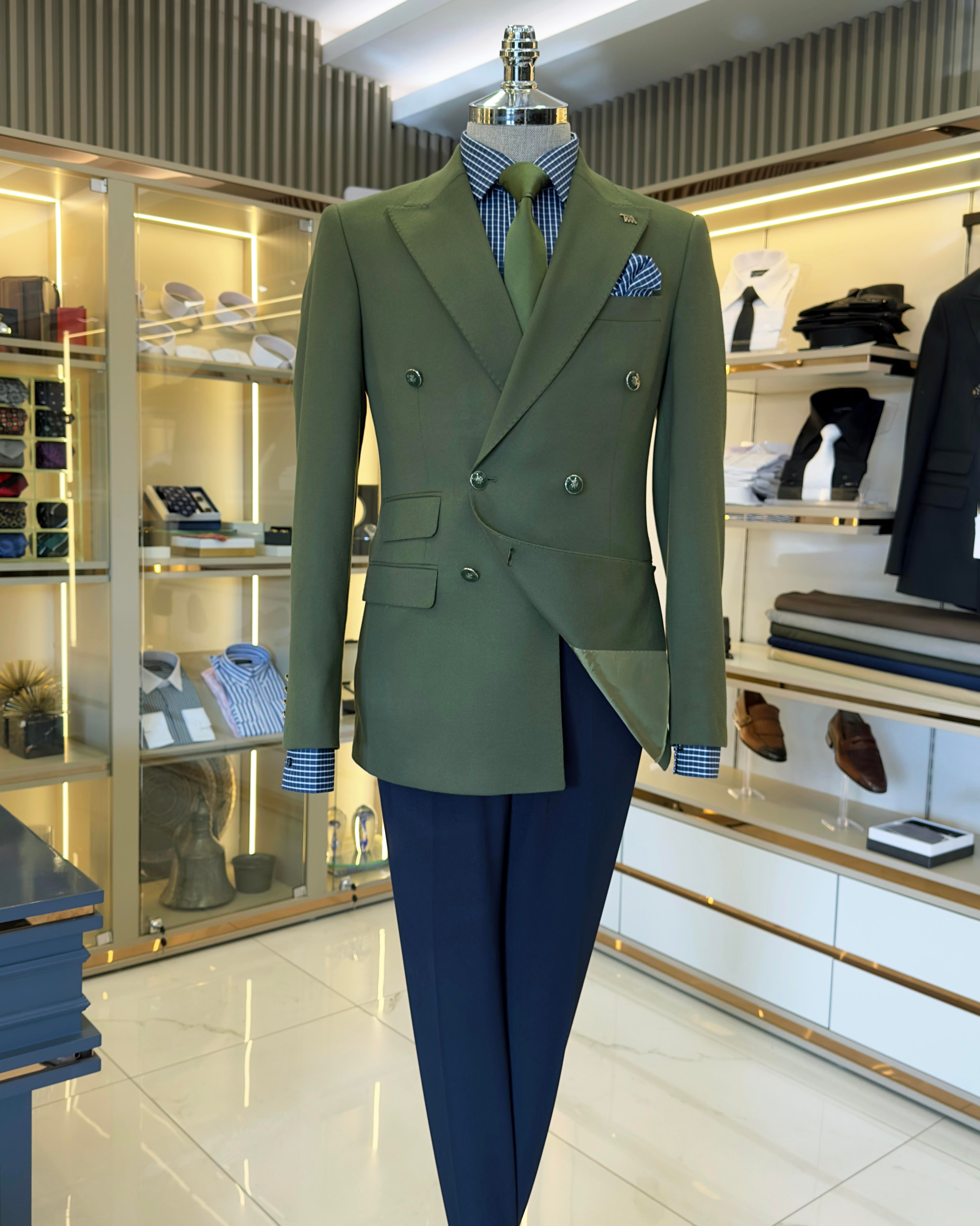  Italian style slim fit double-breasted men's jacket green T10767