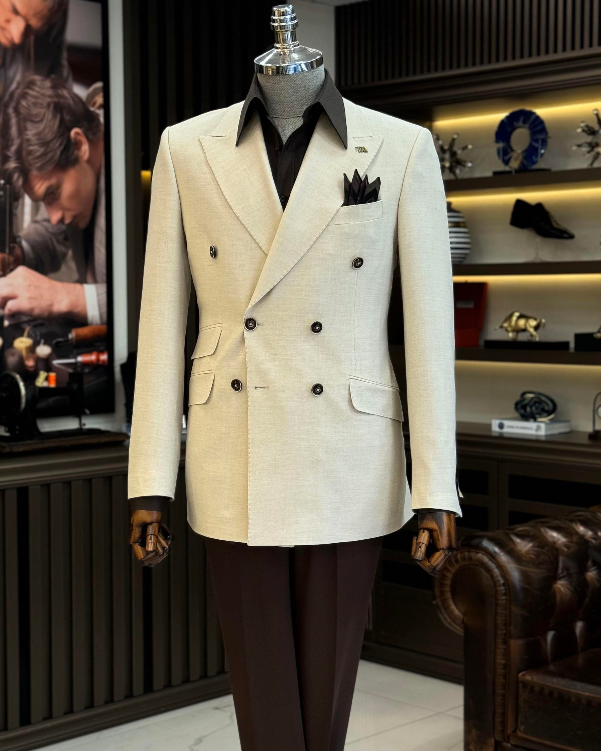 İtalyan stil slim fit kruvaze erkek ceket bej T12238