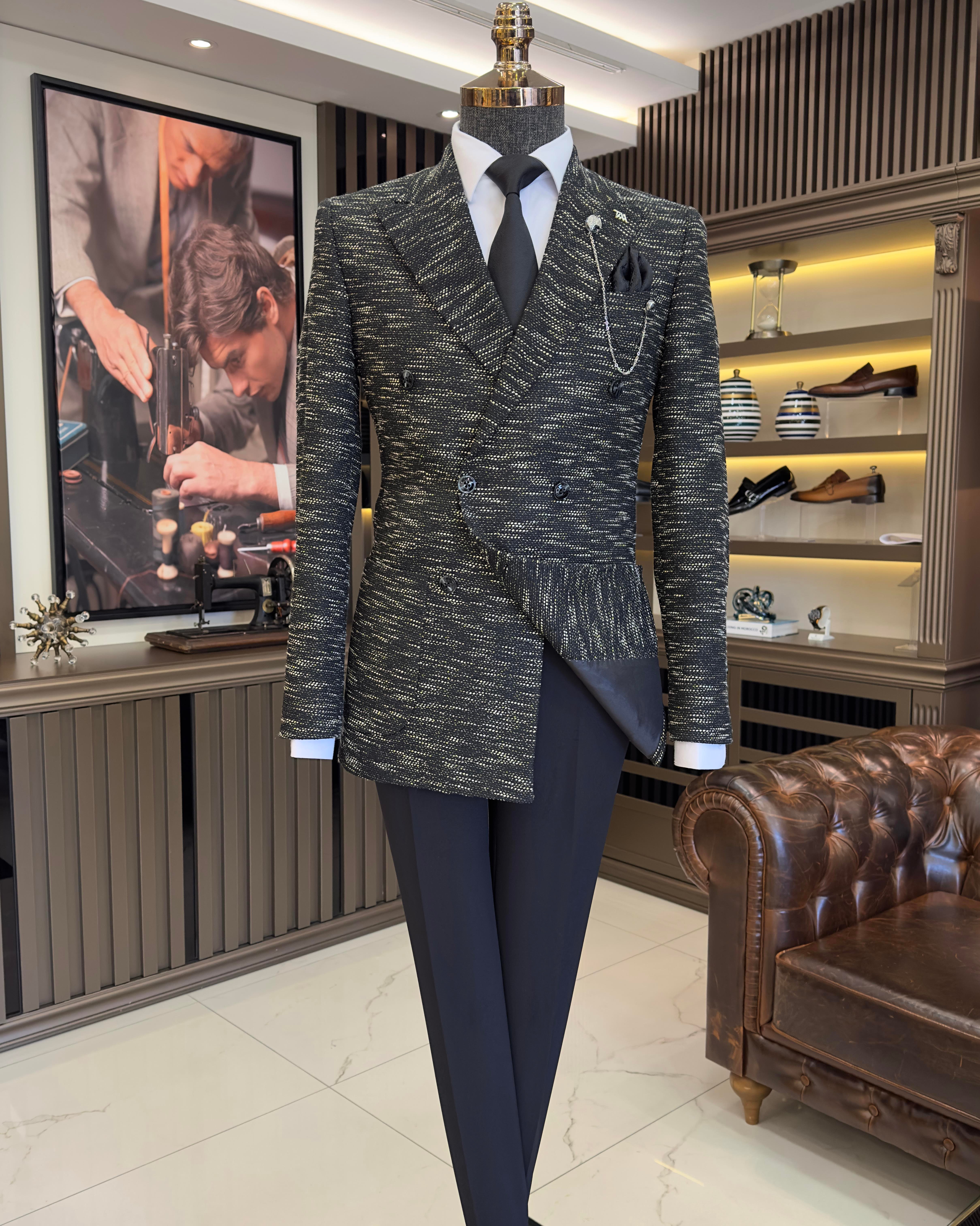 İtalyan stil slim fit kruvaze erkek ceket siyah T10964