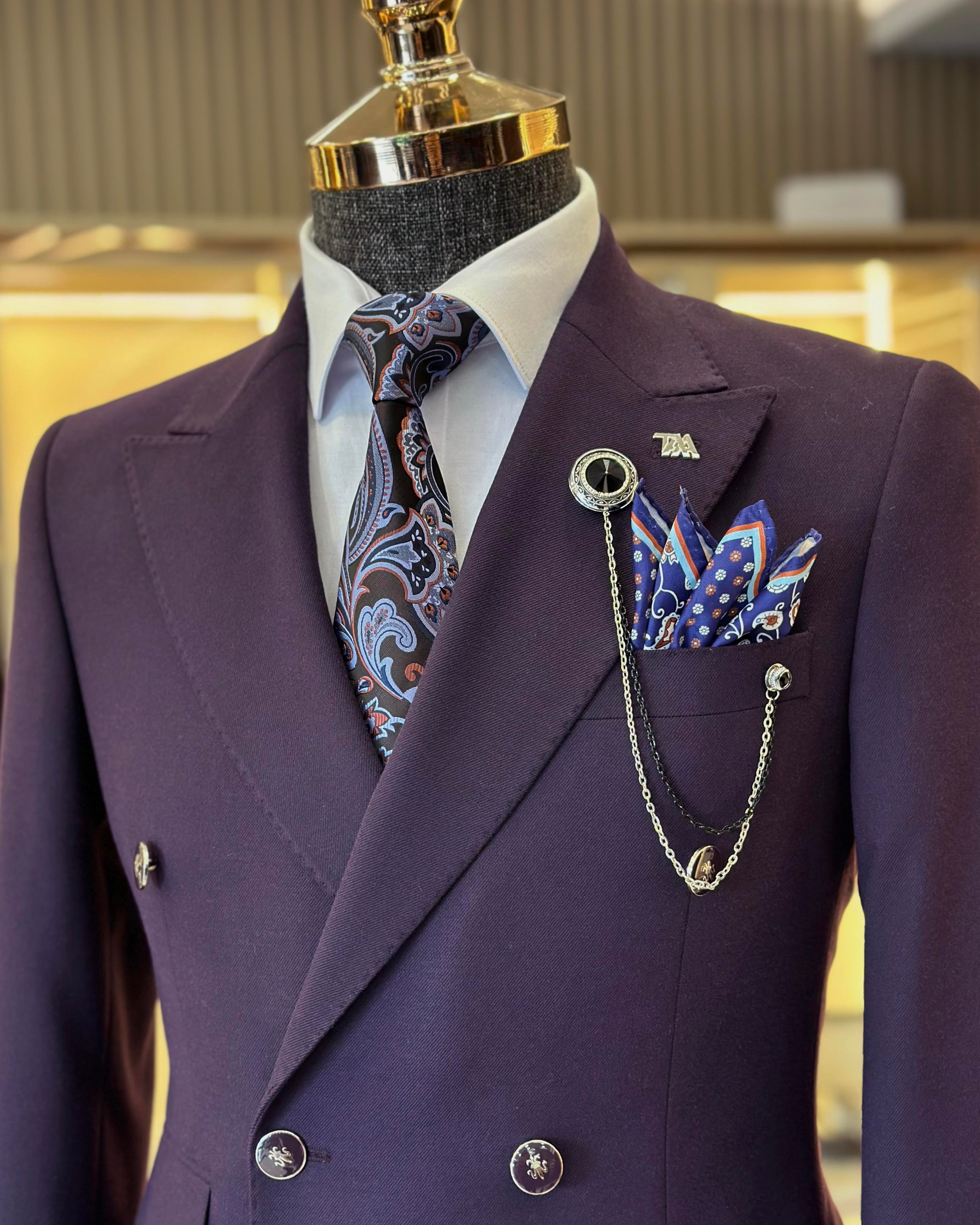 Italian style slim fit double-breasted men's jacket purple T10765