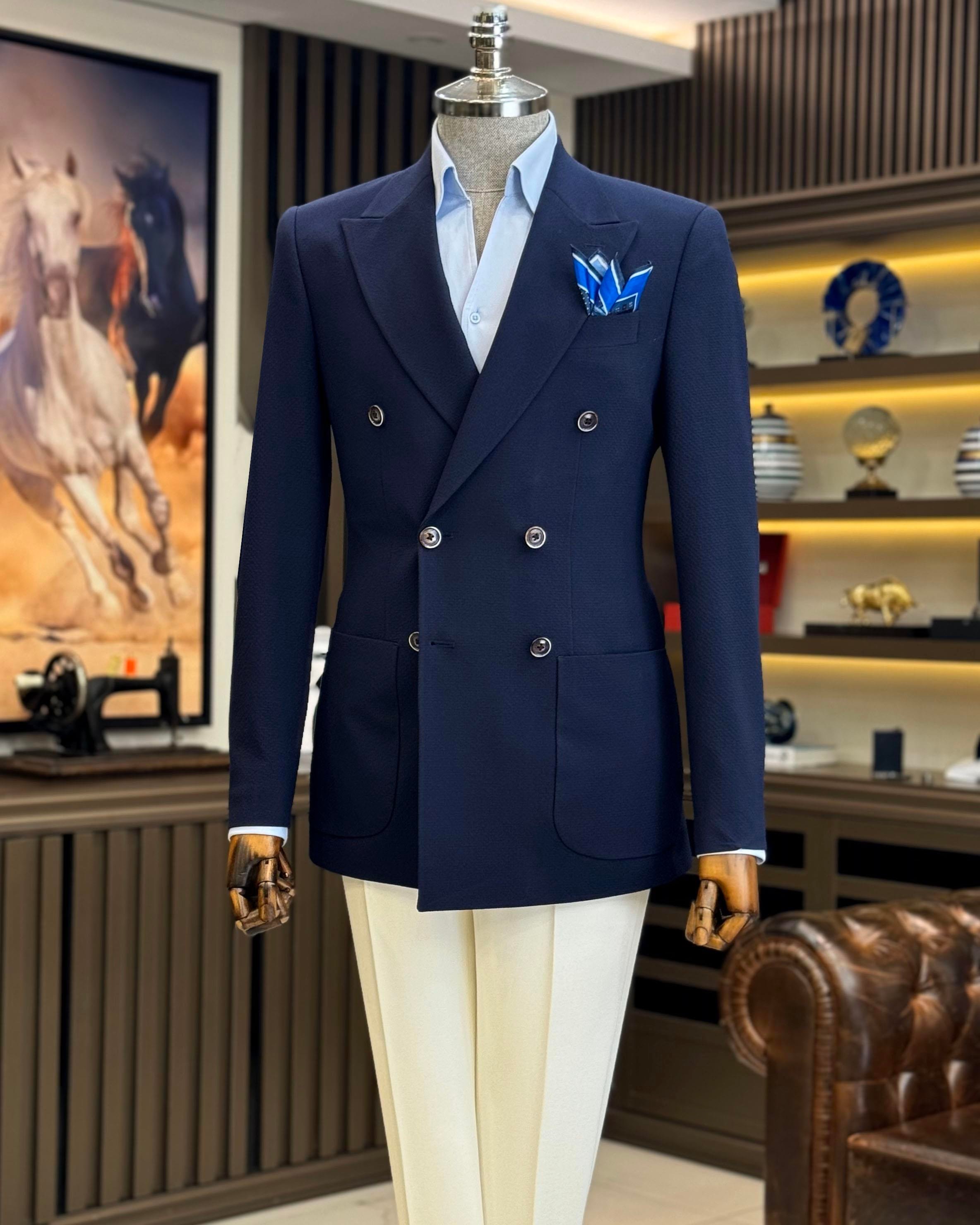 İtalyan stil slim fit kruvaze erkek ceket lacivert T12225