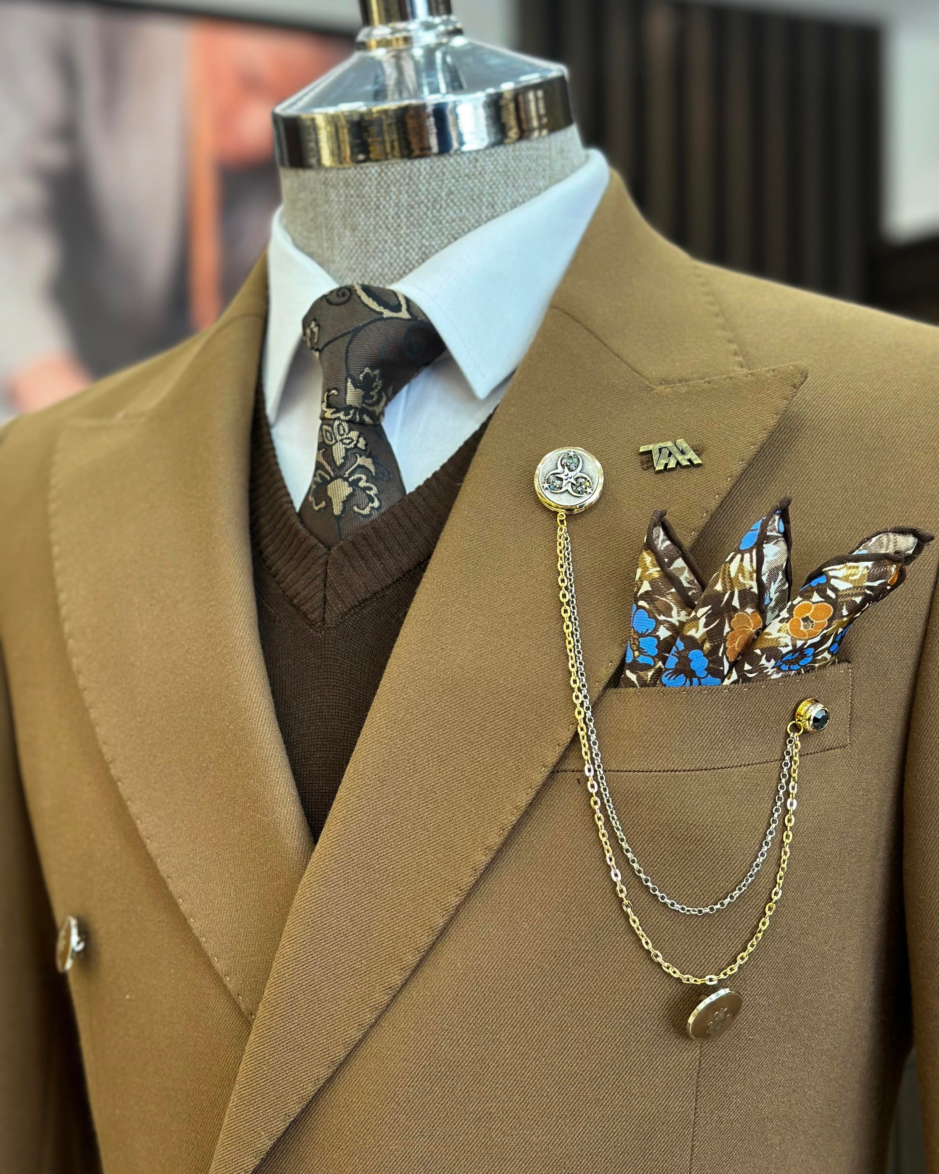 Italian style slim fit double-breasted men's jacket brown T10768