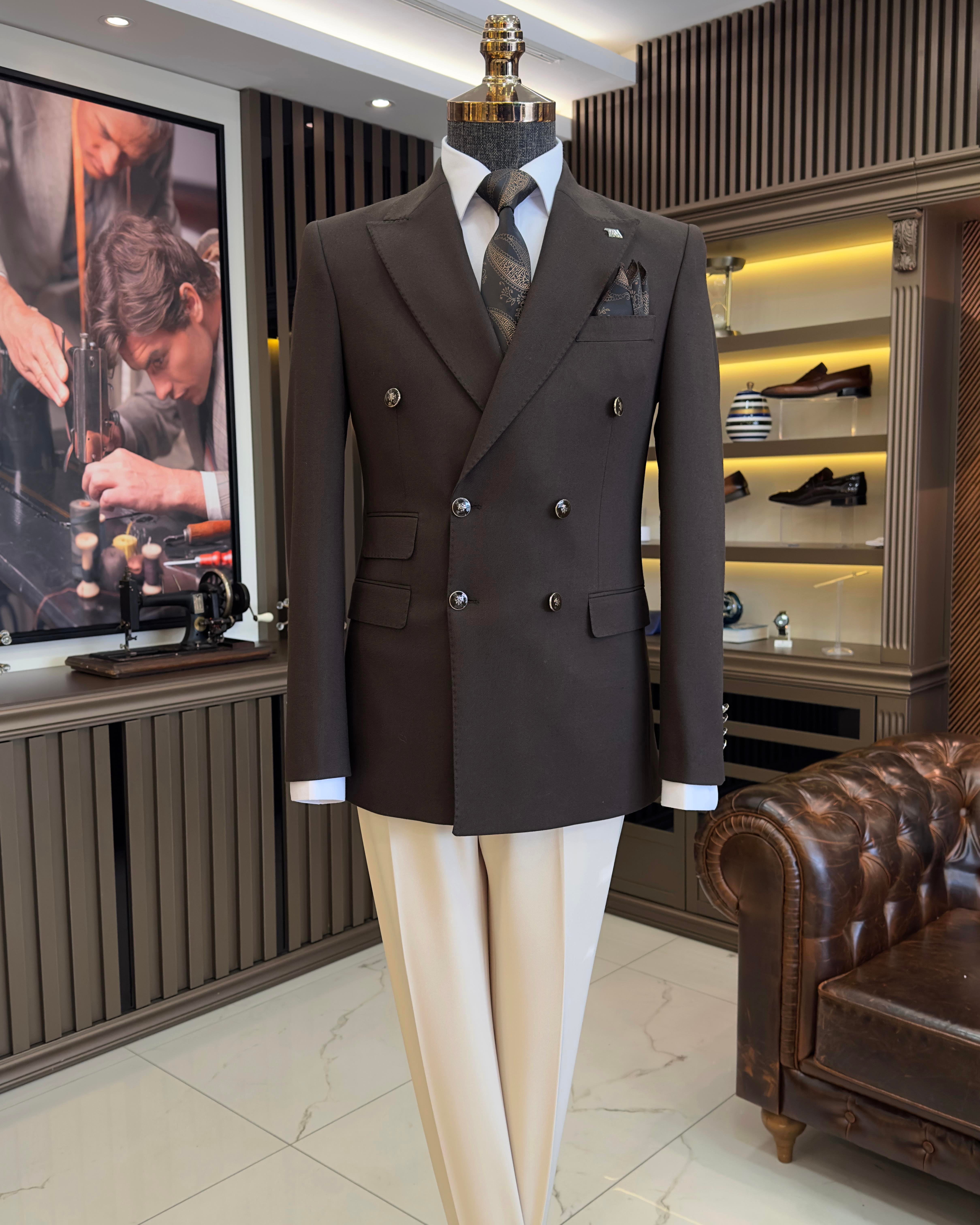 Italian style slim fit double-breasted men's jacket brown T10763