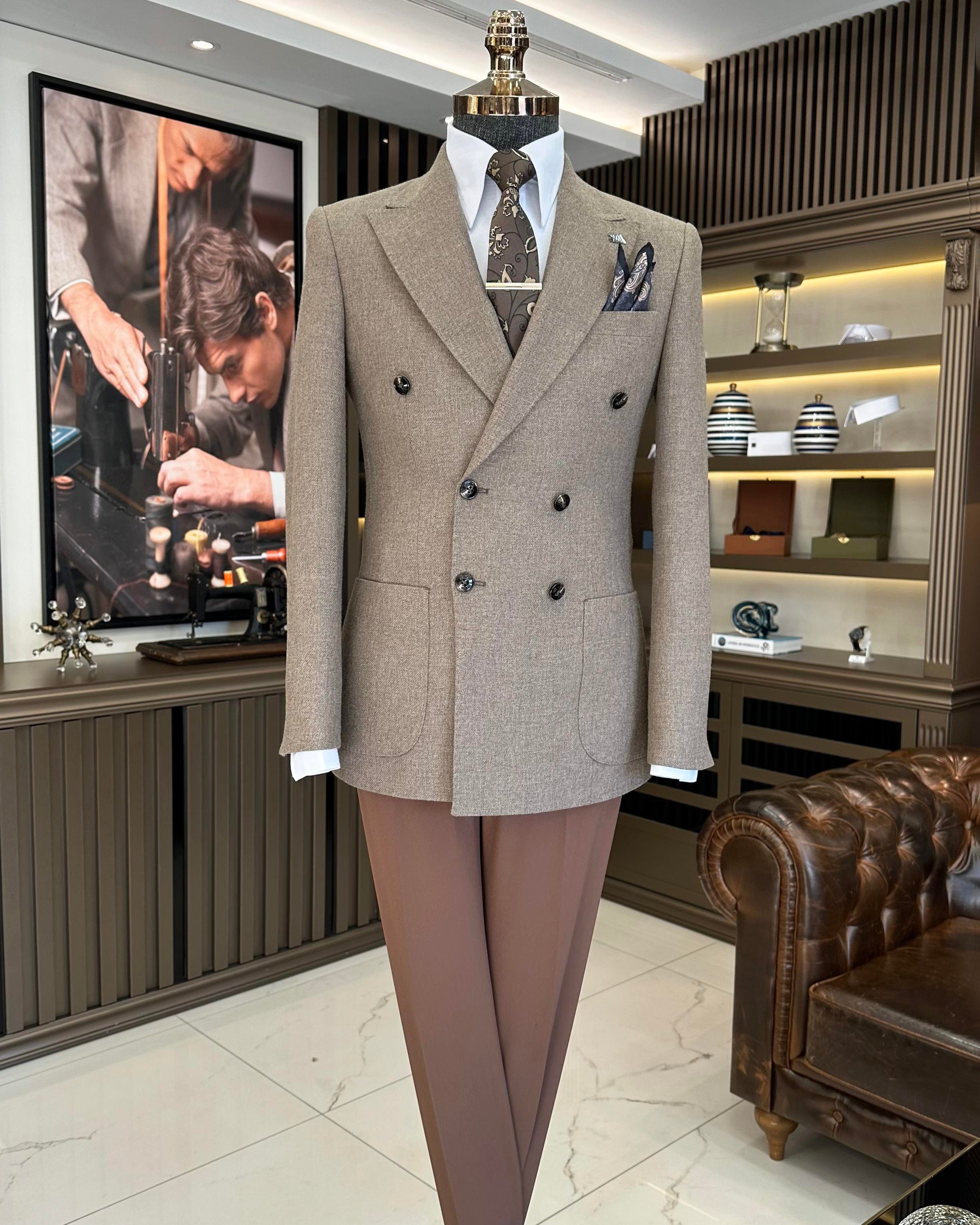 İtalyan stil slim fit kruvaze erkek ceket bej T10977