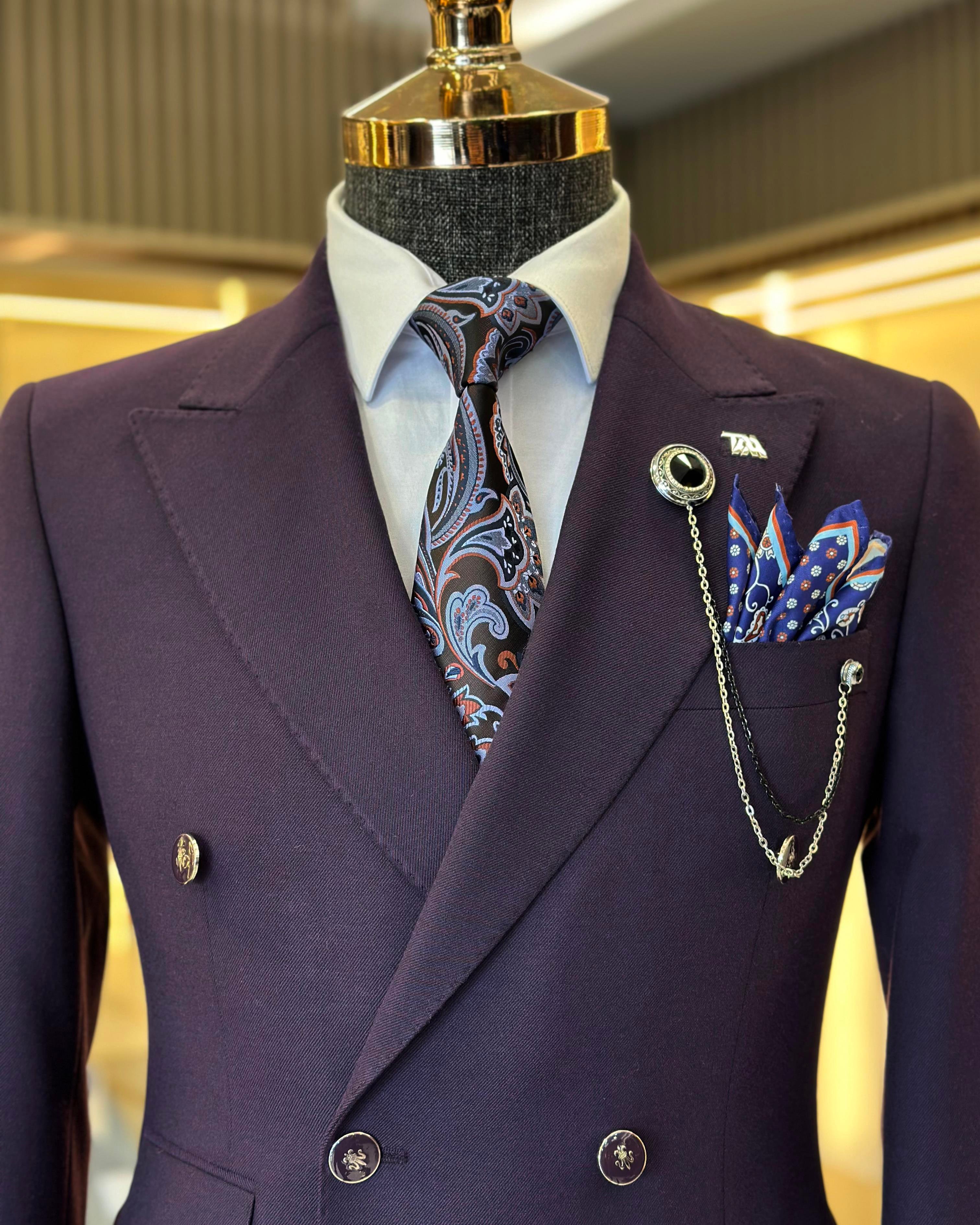 Italian style slim fit double-breasted men's jacket purple T10765