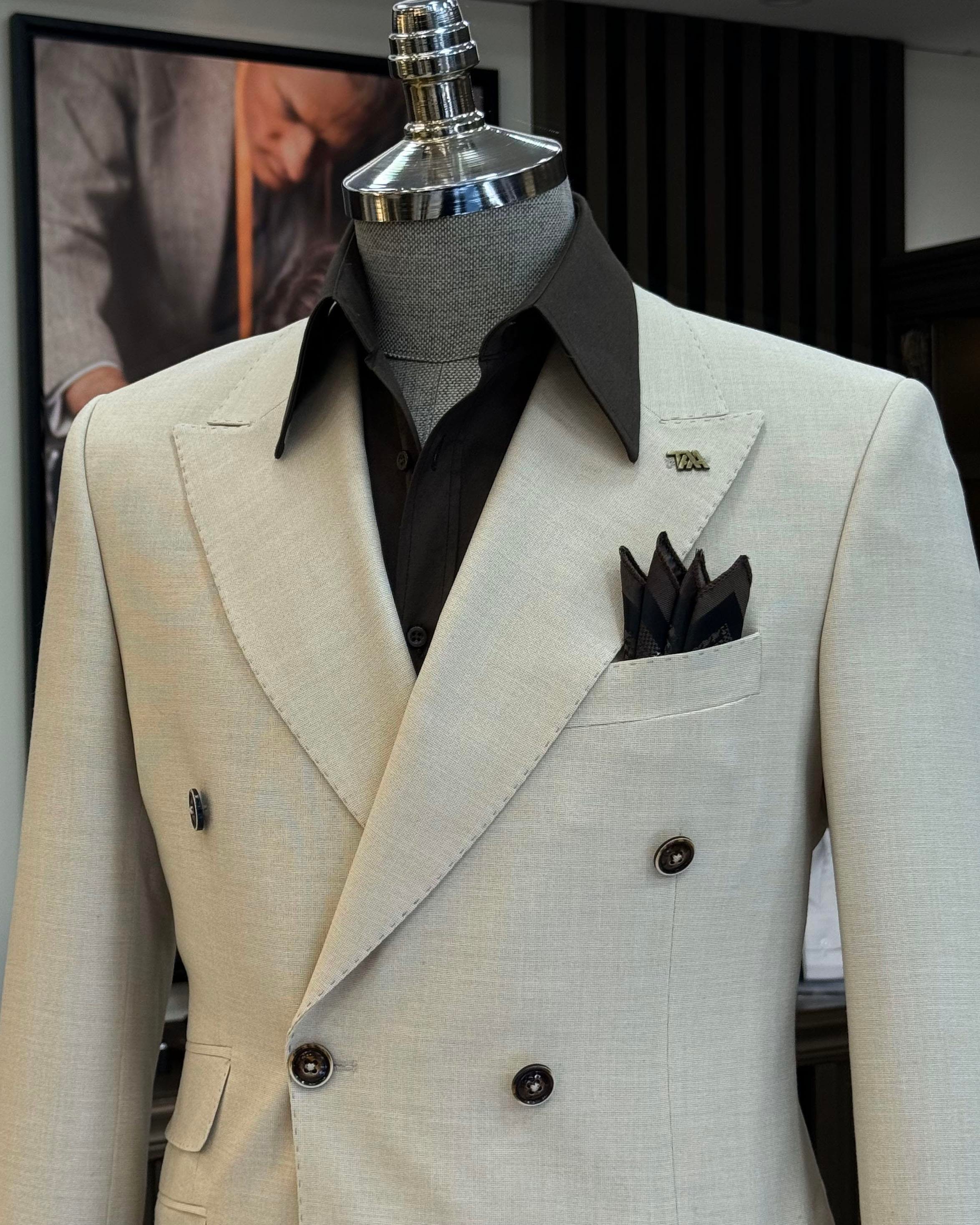 İtalyan stil slim fit kruvaze erkek ceket bej T12238