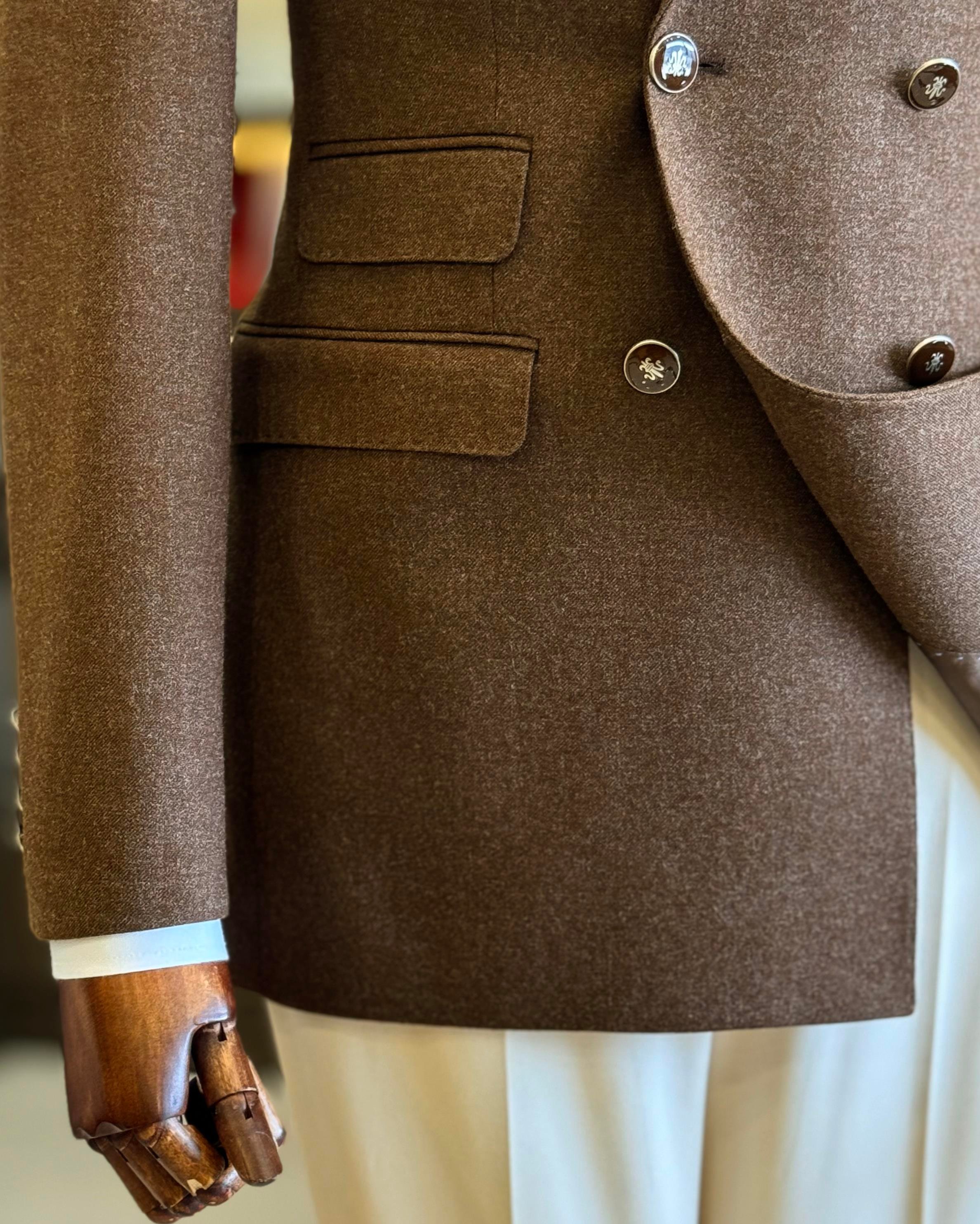 İtalyan stil slim fit kruvaze erkek ceket kahverengi T10742