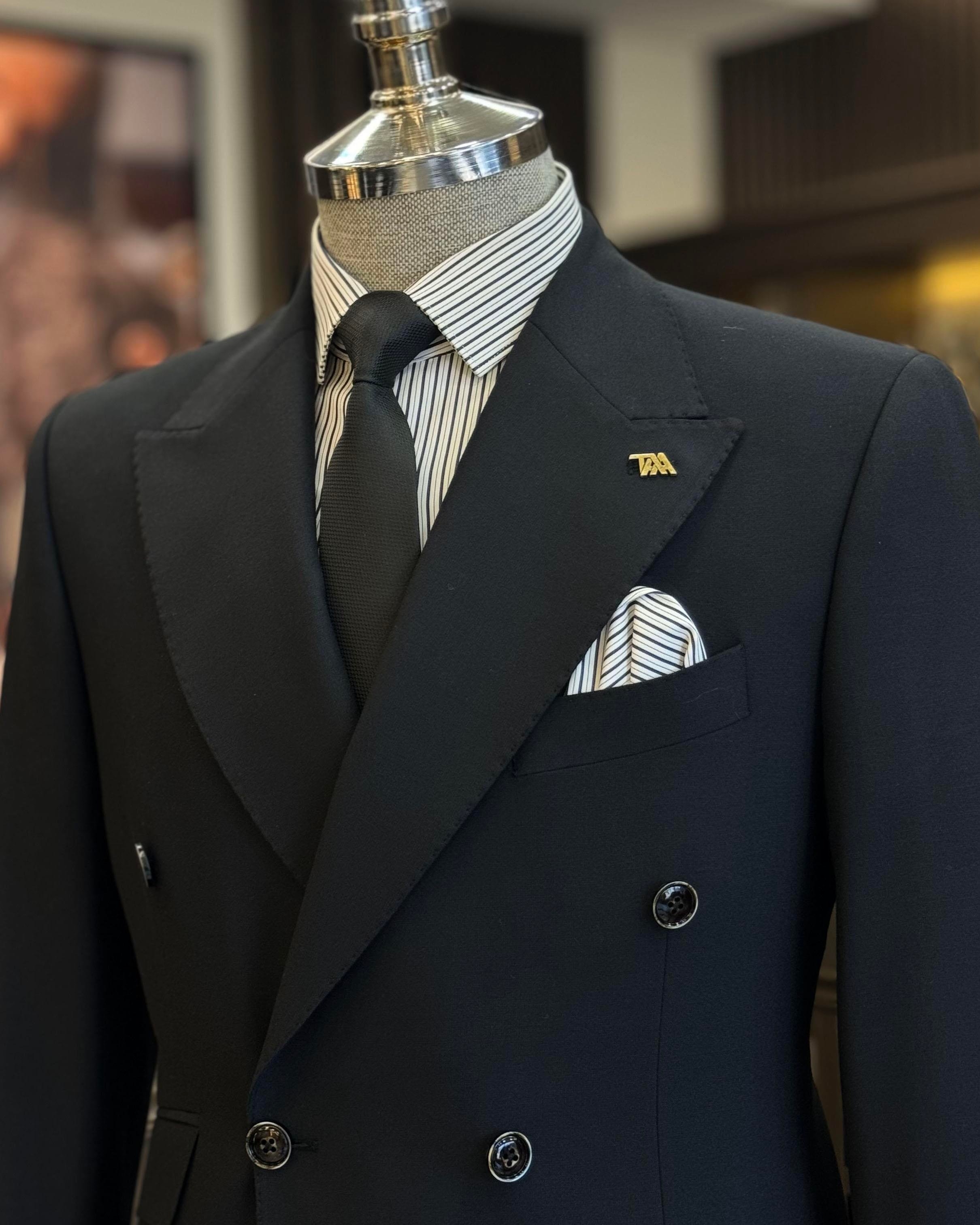 İtalyan stil slim fit kruvaze erkek ceket siyah T12235