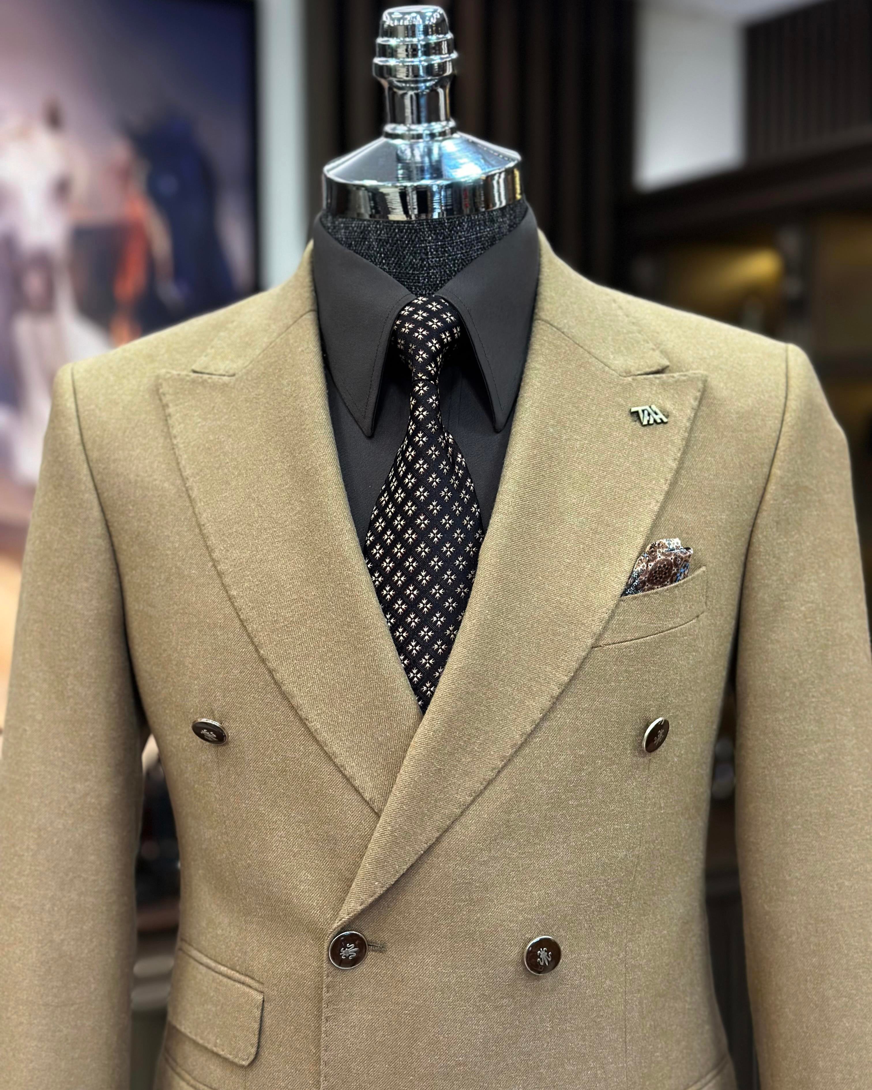 İtalyan stil slim fit kruvaze erkek ceket camel T10744