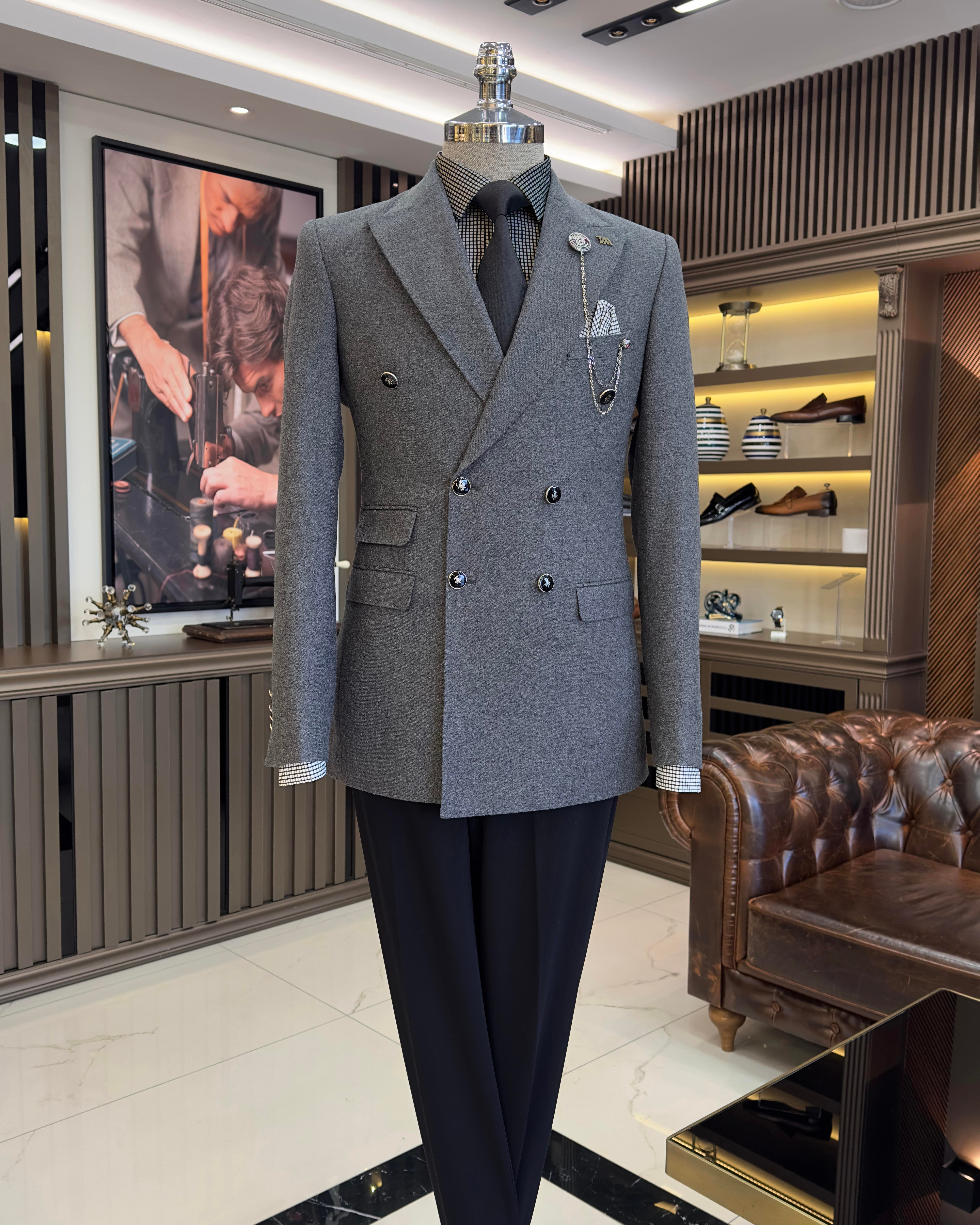 İtalyan stil slim fit kruvaze erkek ceket gri T10740