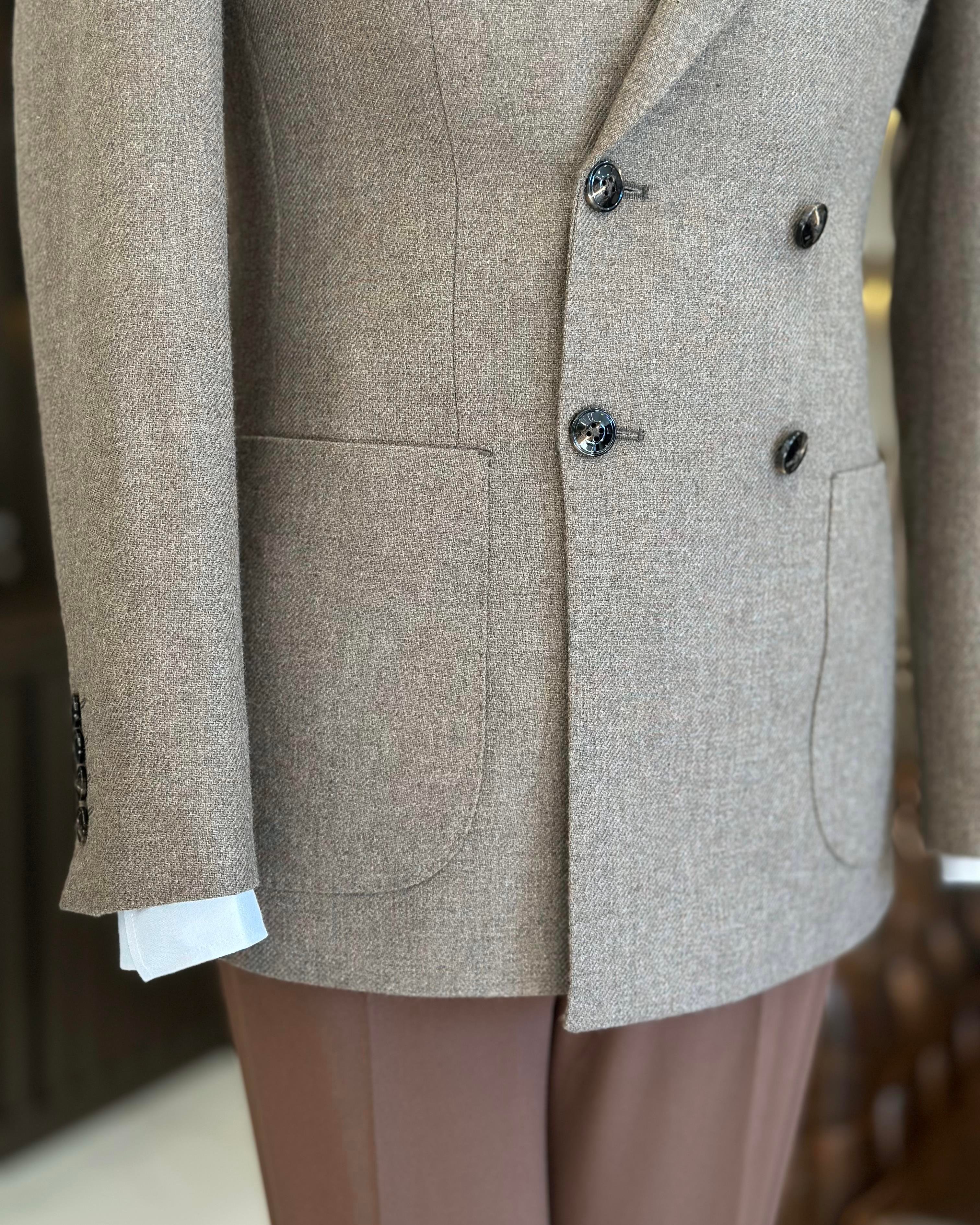 İtalyan stil slim fit kruvaze erkek ceket bej T10977