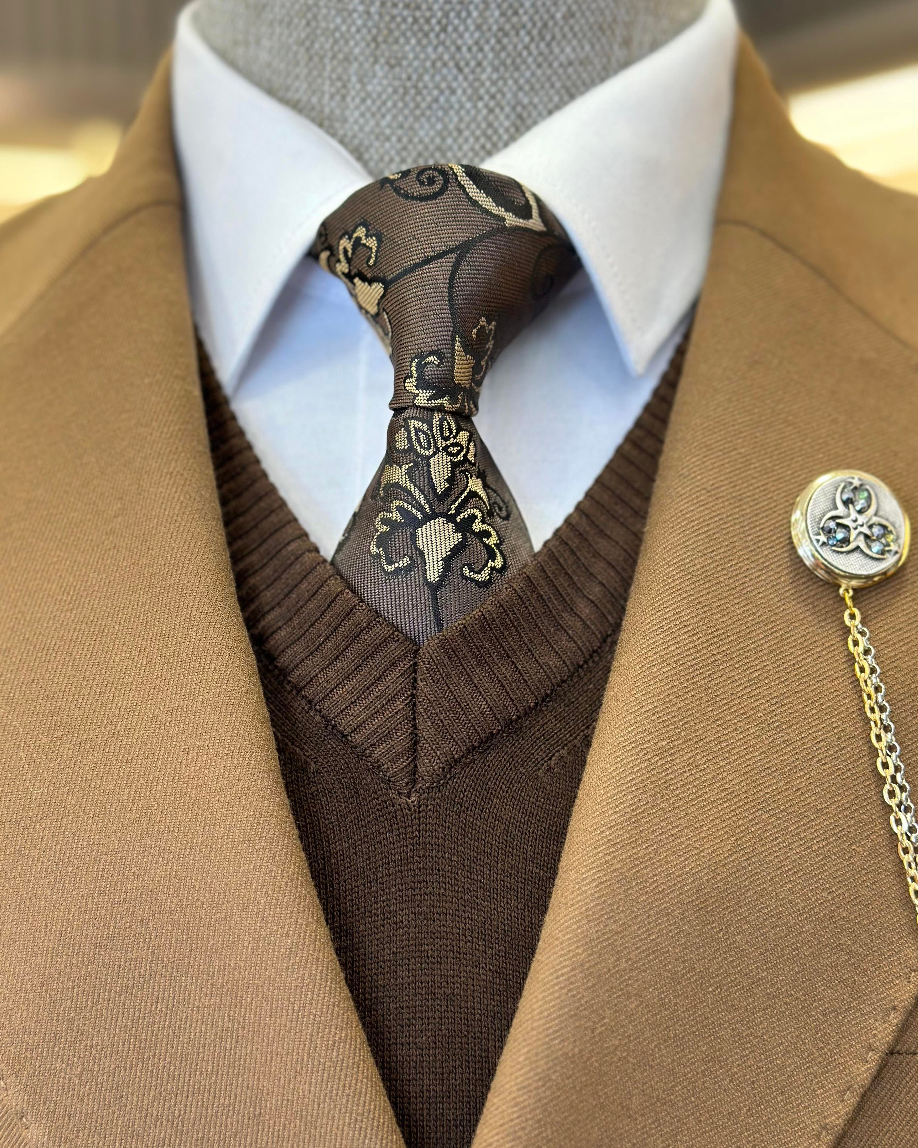 Italian style slim fit double-breasted men's jacket brown T10768