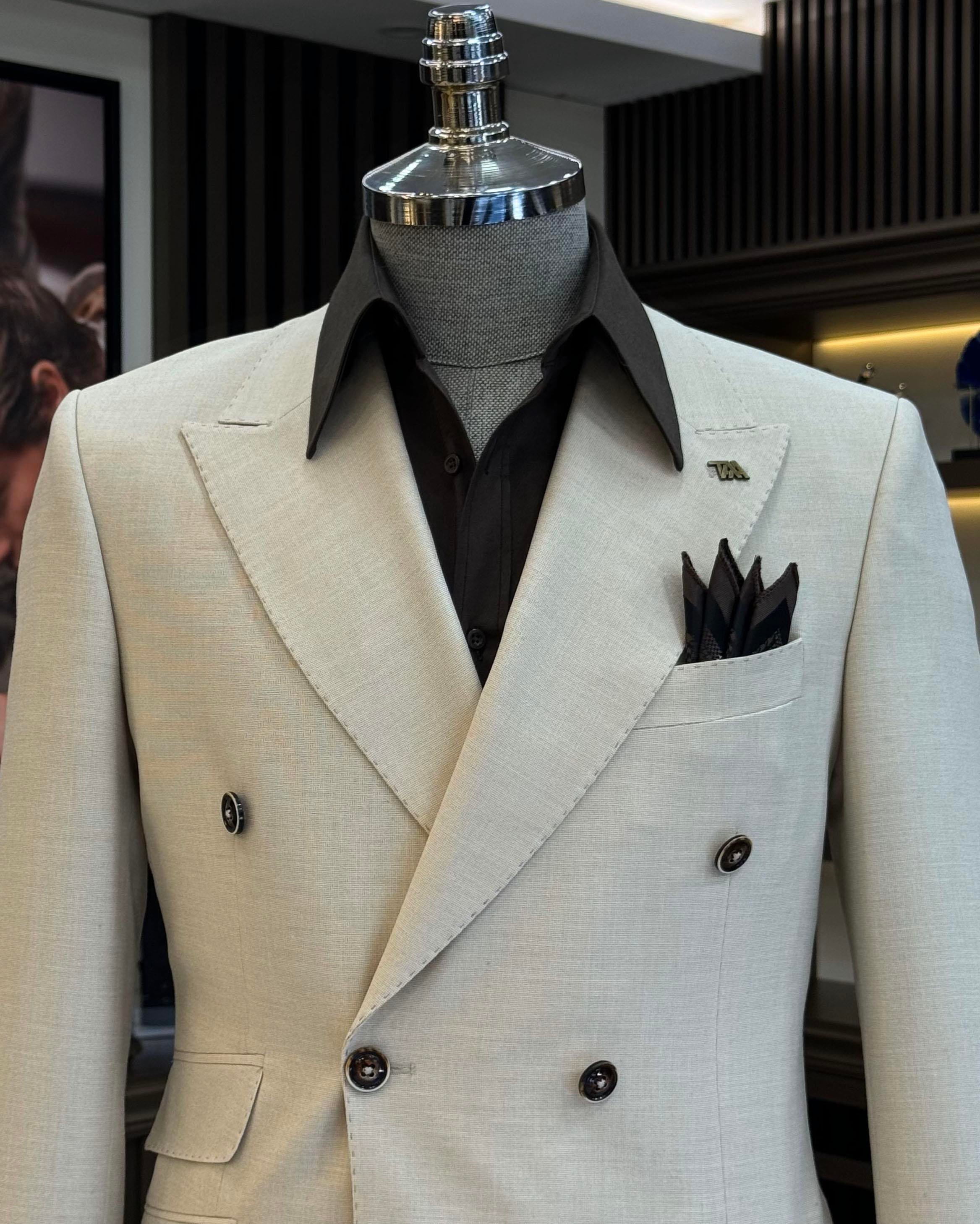 İtalyan stil slim fit kruvaze erkek ceket bej T12238