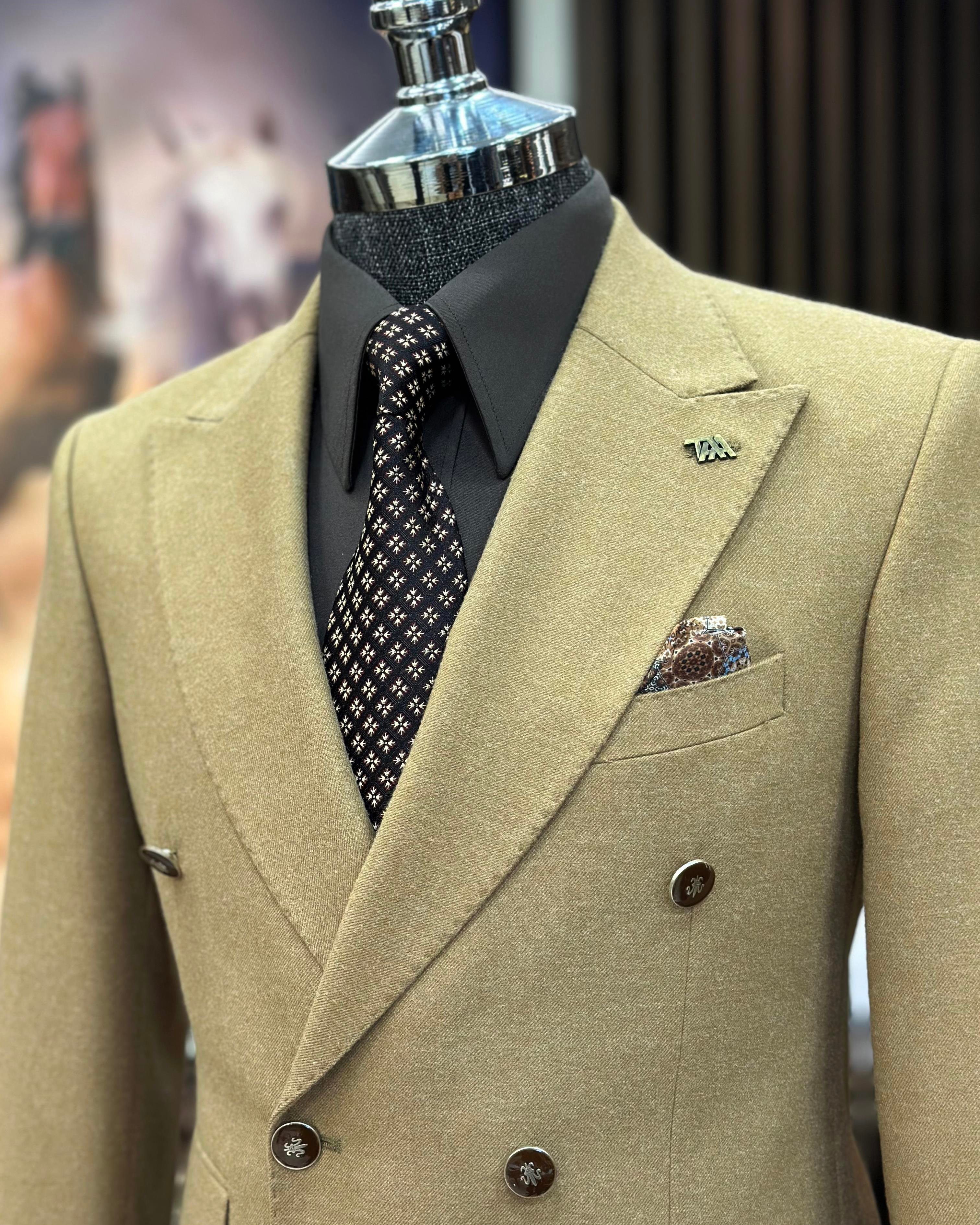 İtalyan stil slim fit kruvaze erkek ceket camel T10744