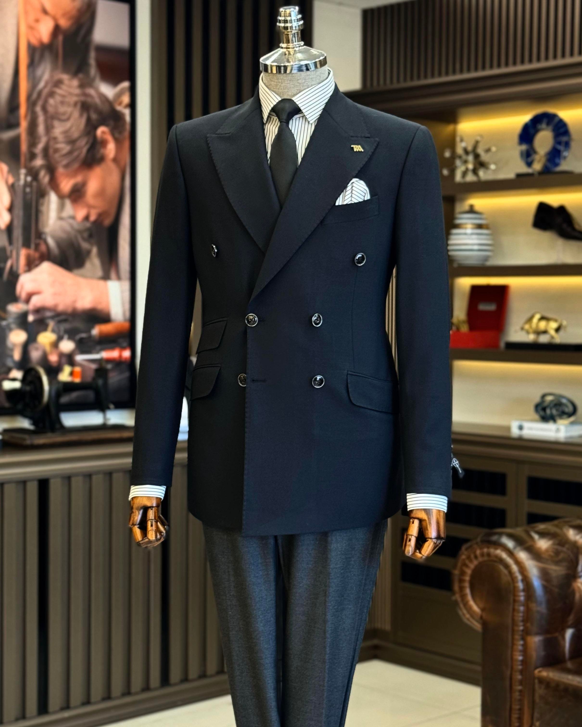 İtalyan stil slim fit kruvaze erkek ceket siyah T12235