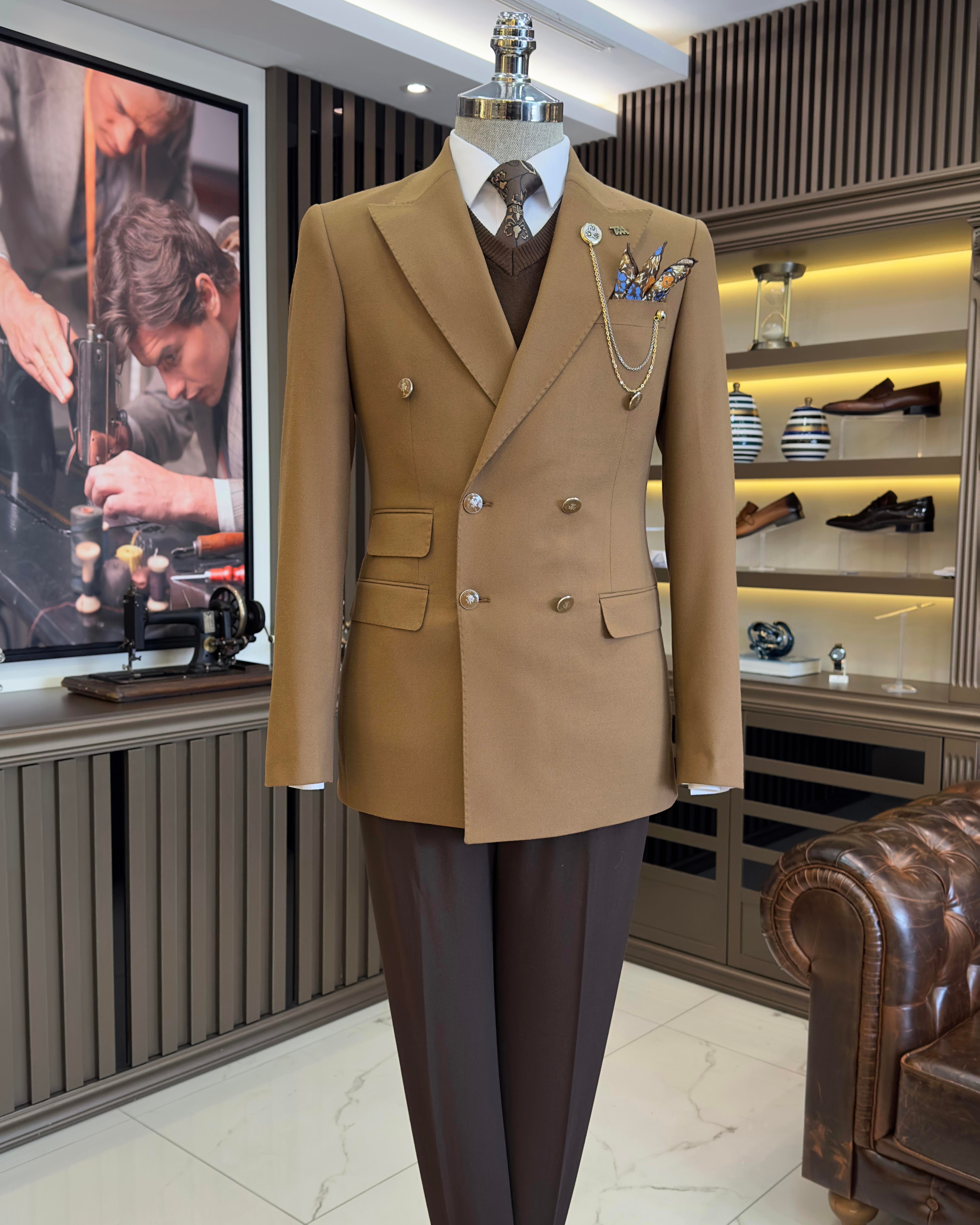 Italian style slim fit double-breasted men's jacket brown T10768