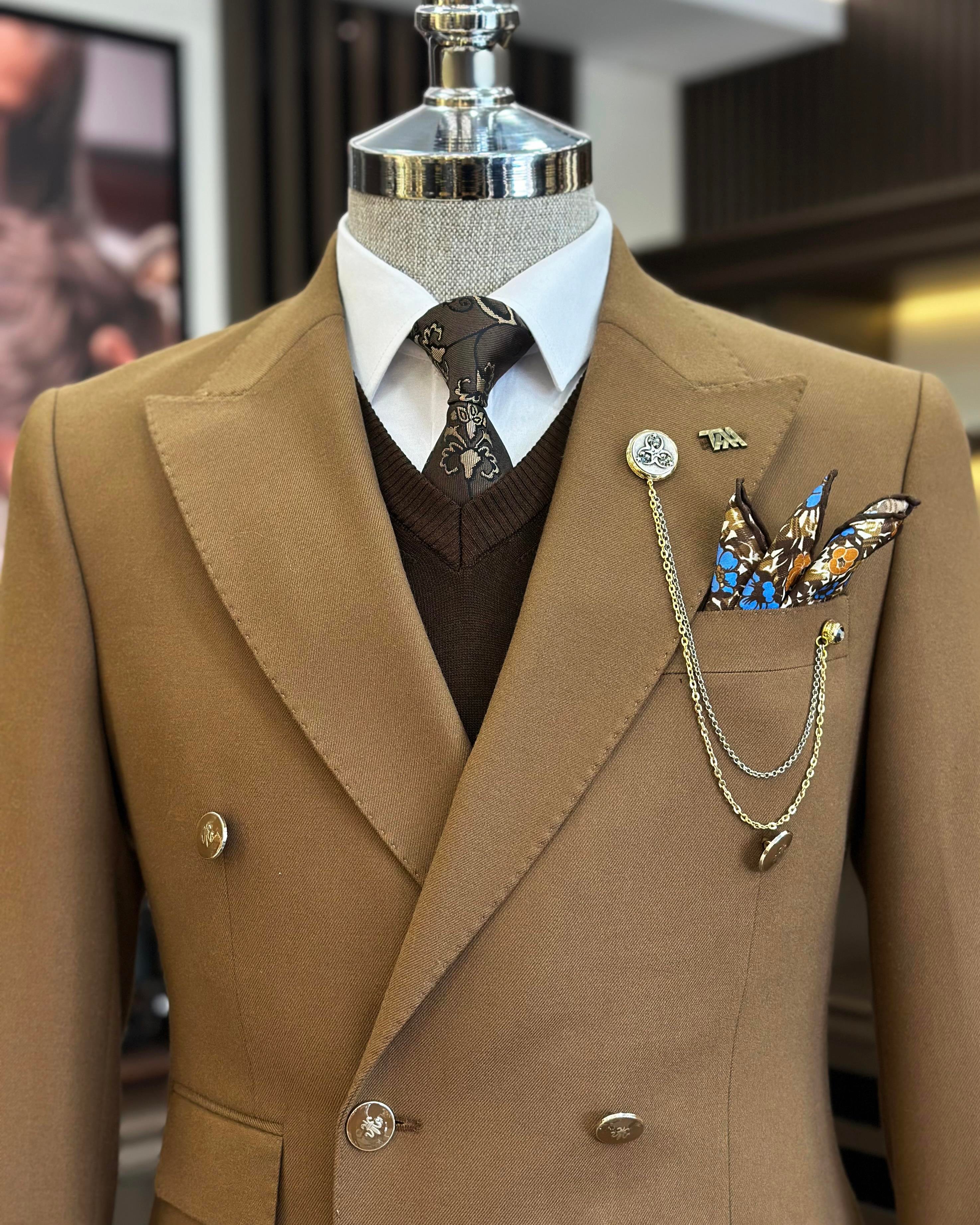 Italian style slim fit double-breasted men's jacket brown T10768